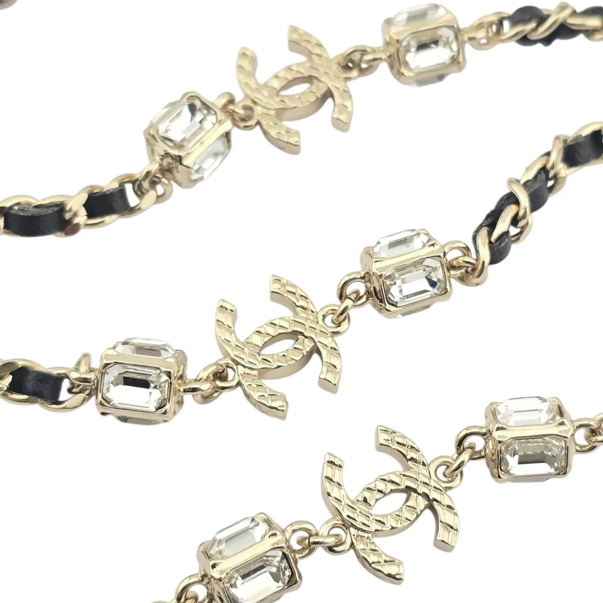 Chanel CC Gold Black Leather Long Necklace A23 CHANEL