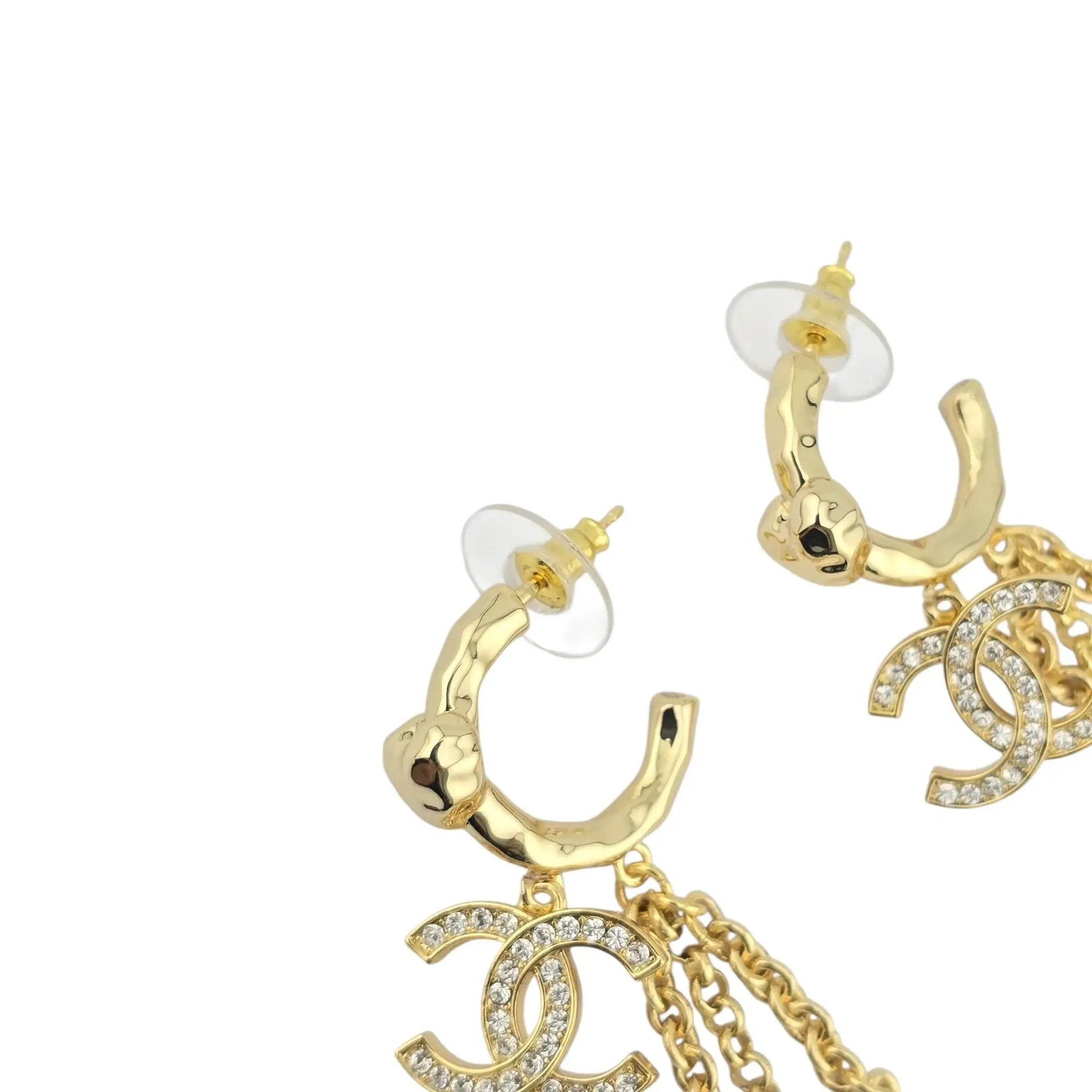 Chanel CC Chain Drop Gold Heart Hoop Earrings B23 CHANEL