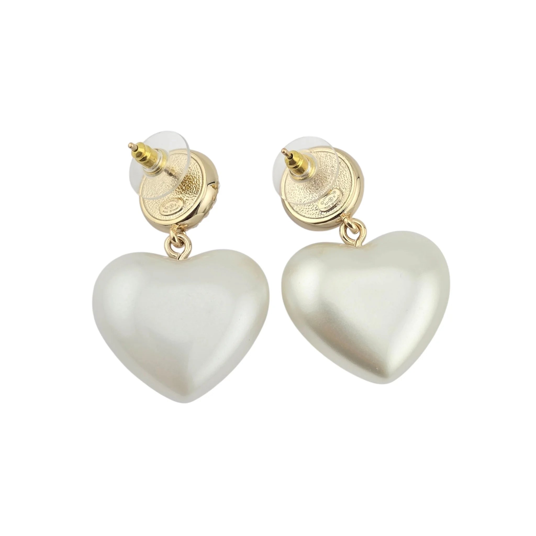 Chanel CC Pearl Crystal Heart Drop Earrings Gold 2021 CHANEL