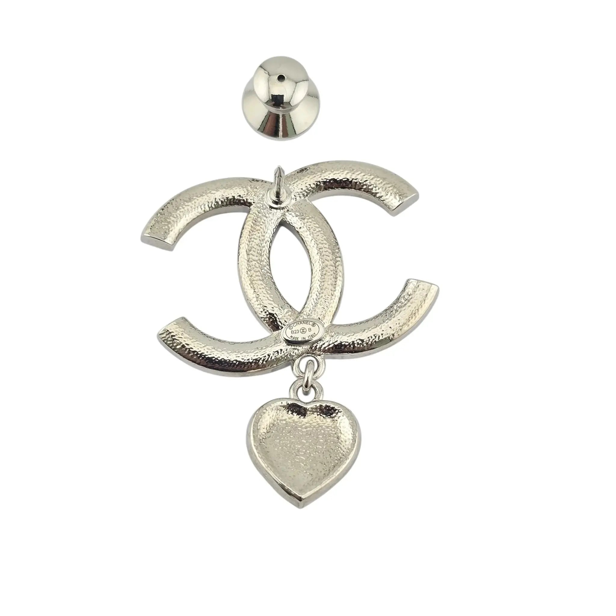 Chanel Crystal Pearl CC Heart Drop Brooch Silver B23 CHANEL