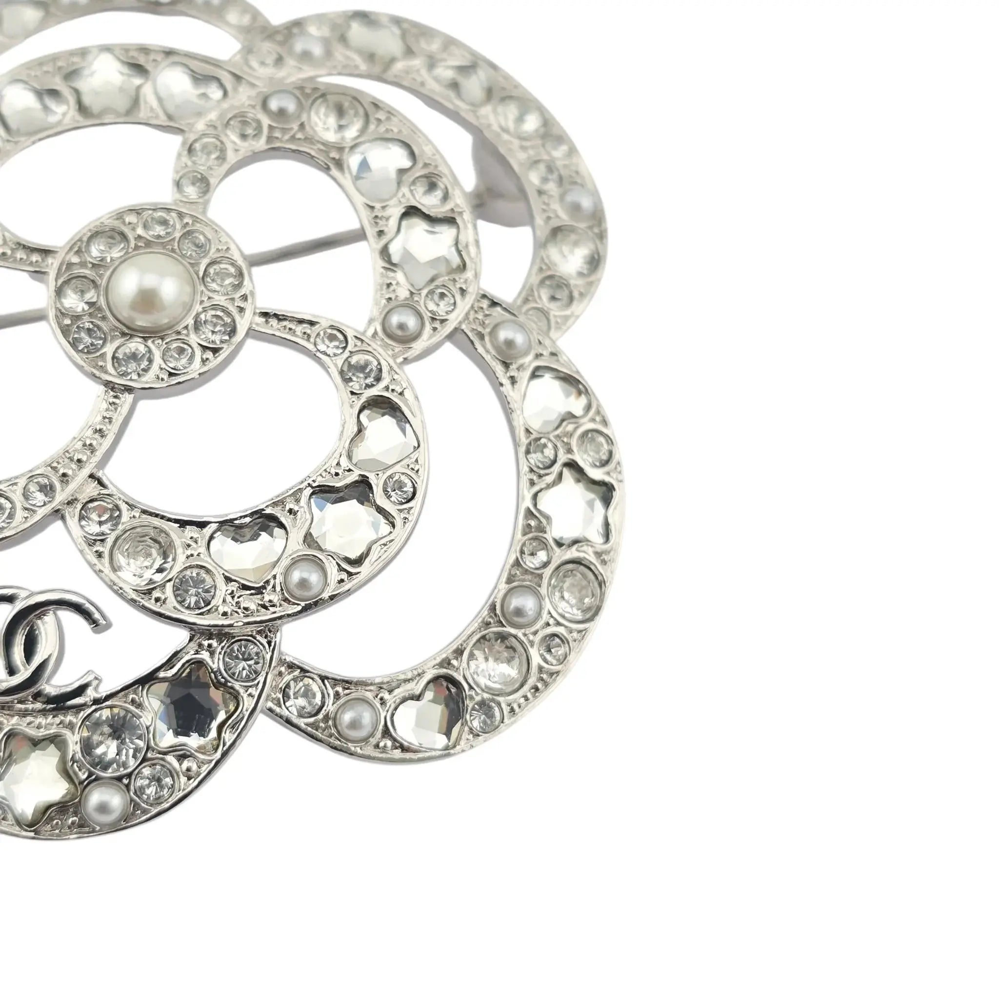 Chanel CC Silver Crystal Camellia Flower Brooch 2025 CHANEL
