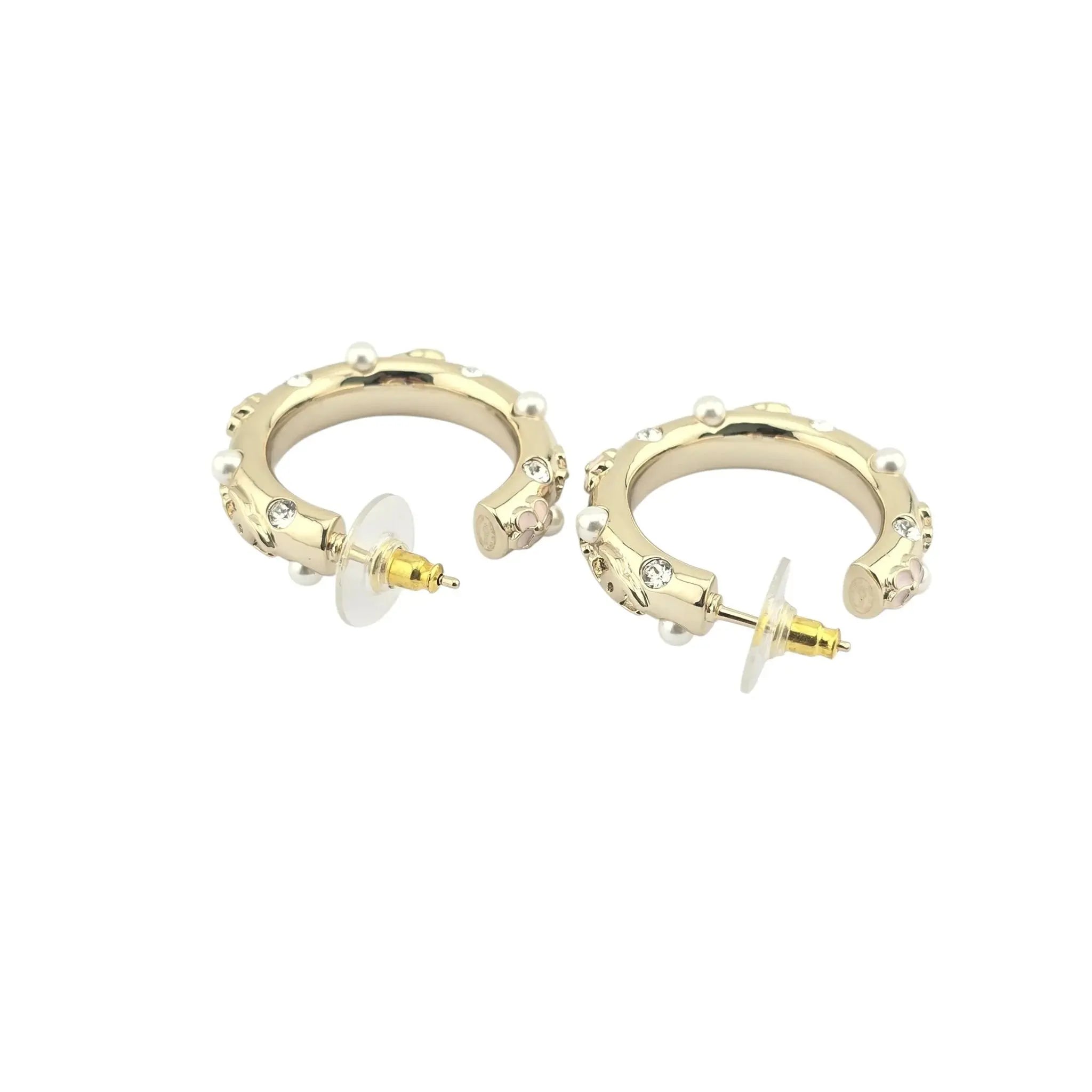 Chanel CC Pearl Clover Camellia Hoop Earrings B22 CHANEL