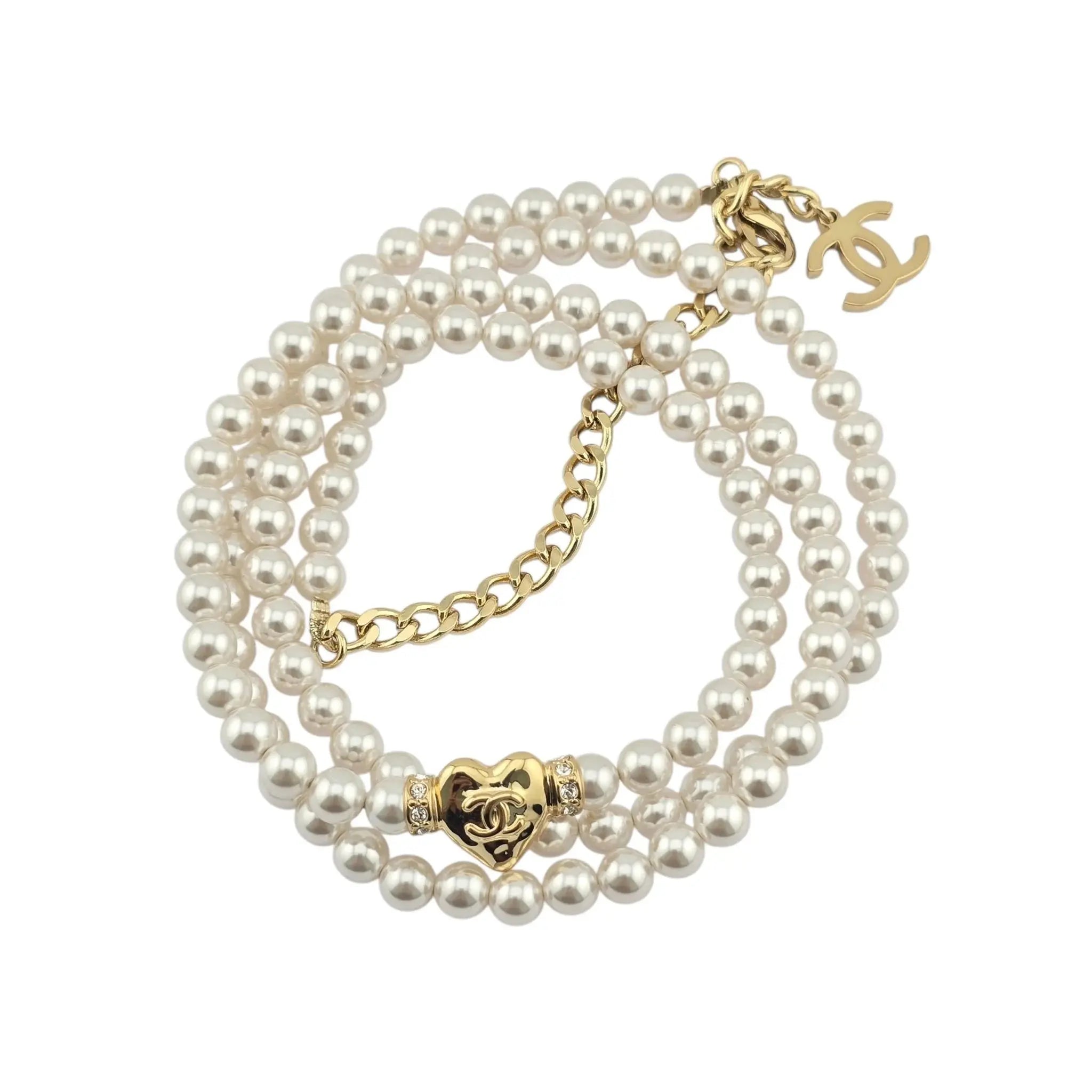 Chanel CC Long Faux Pearl Gold Heart Necklace CHANEL