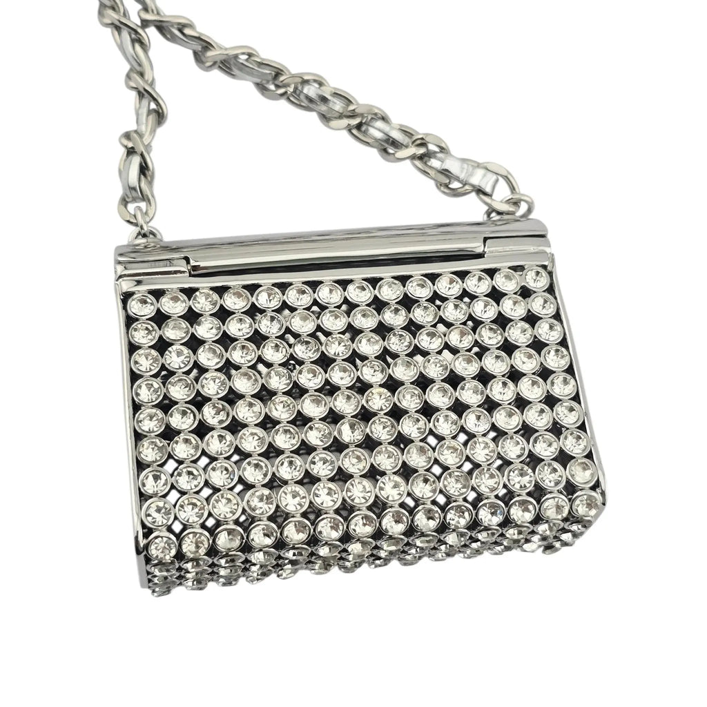 Chanel CC Metal Lambskin Strass Crystal Mini Bag Long Necklace Silver CHANEL