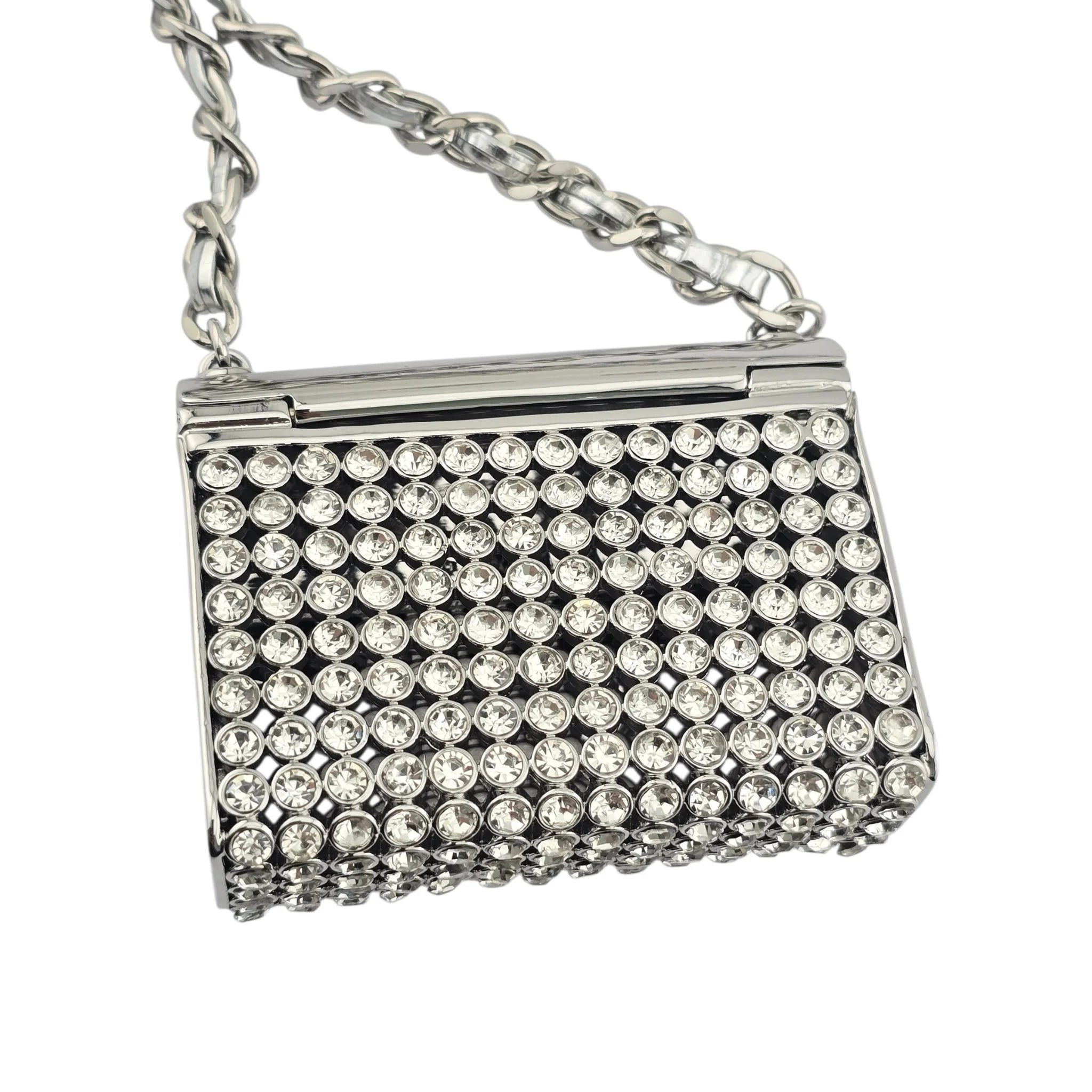 Chanel CC Metal Lambskin Strass Crystal Mini Bag Long Necklace Silver CHANEL