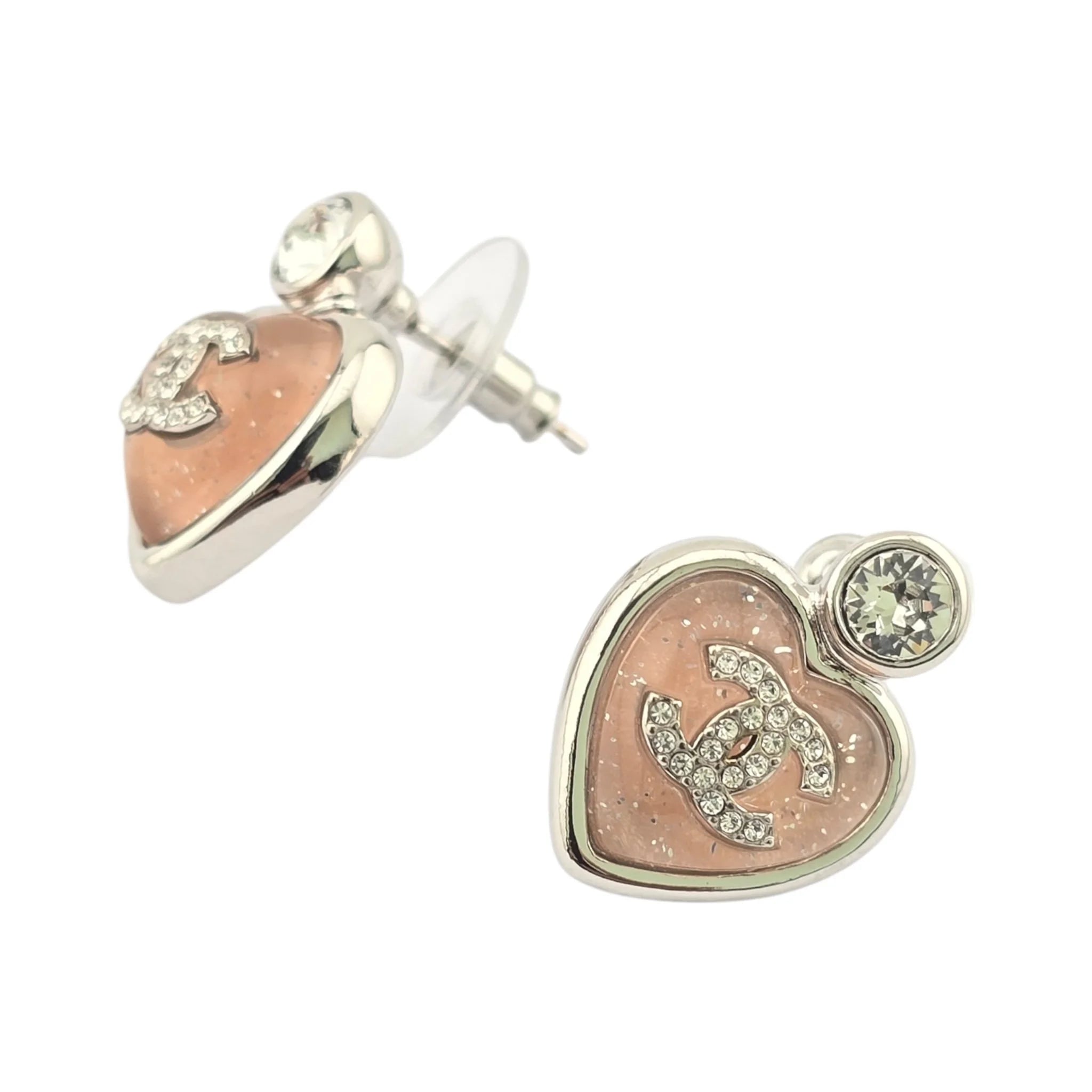 Chanel CC Pink Heart Silver Crystal Metal Earrings B25 CHANEL