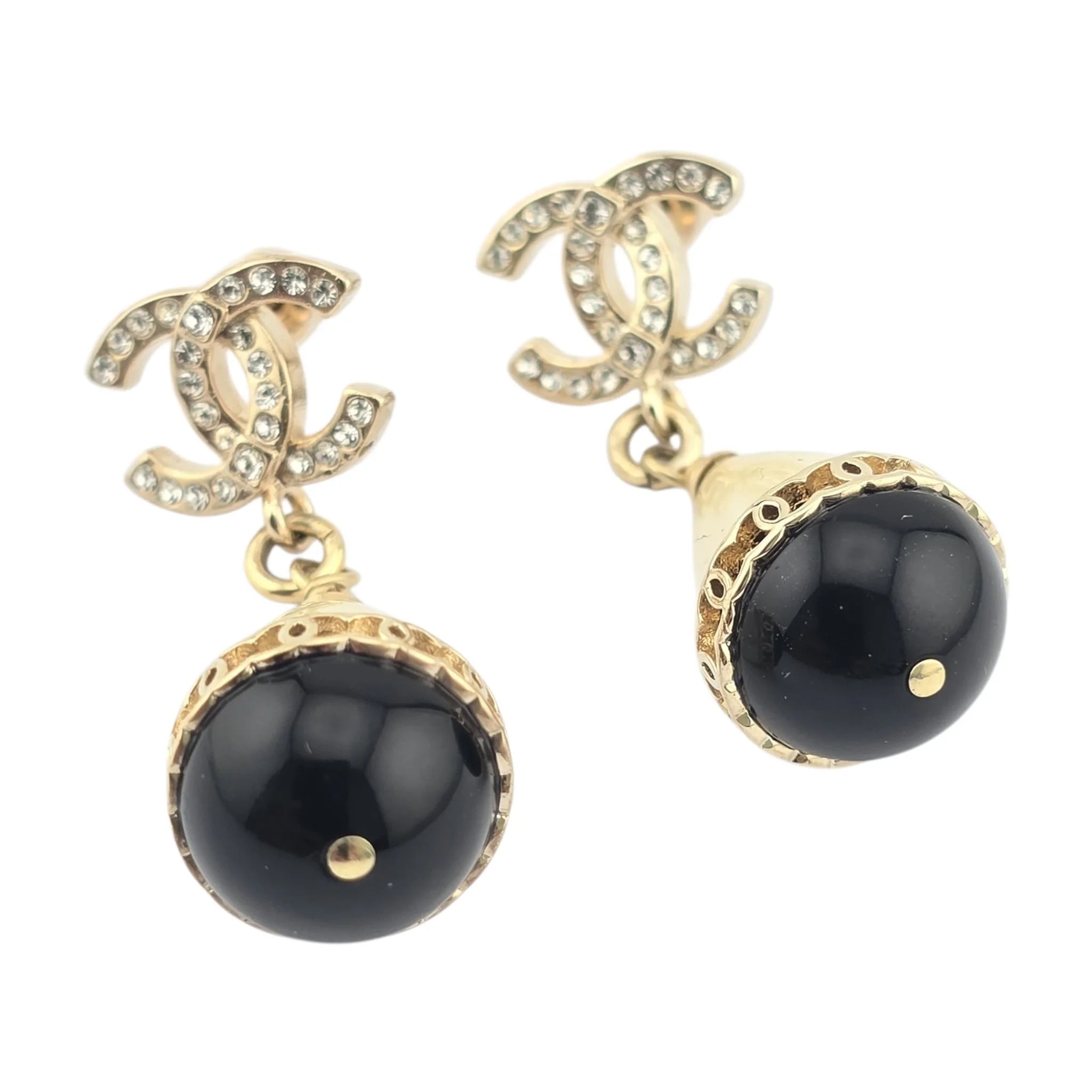 Chanel Crystal Pearl CC Drop Earrings Gold Black CHANEL