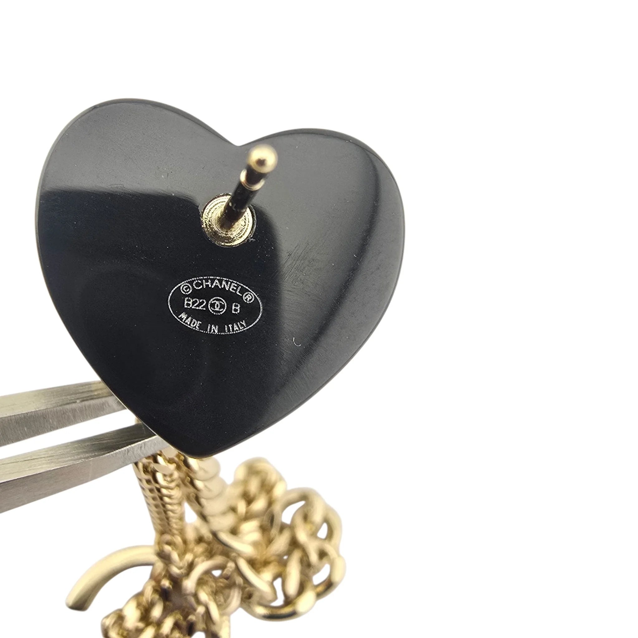 Chanel CC Resin Crystal Heart Chain Cuff Earrings Black Gold CHANEL