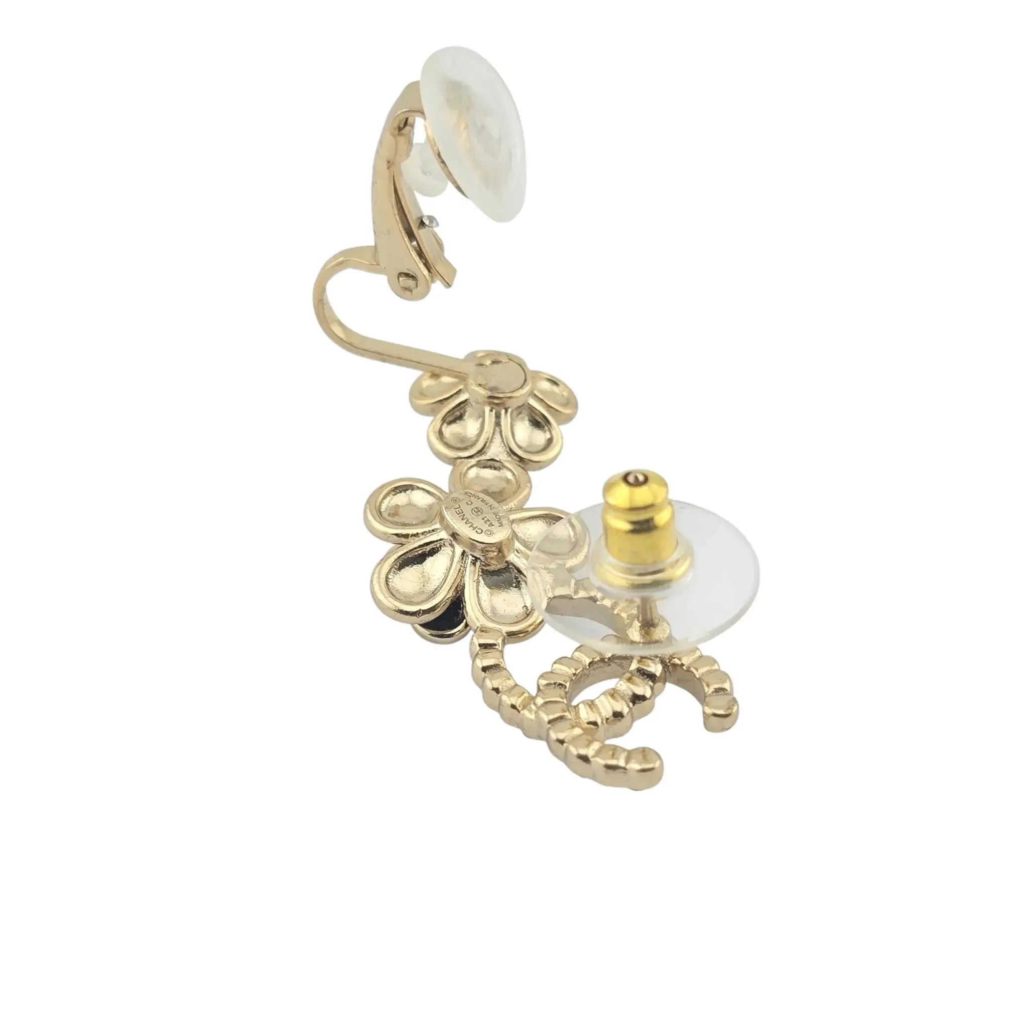 Chanel CC Crystal Enamel Camelia Clip On Stud  Earrings Black White CHANEL