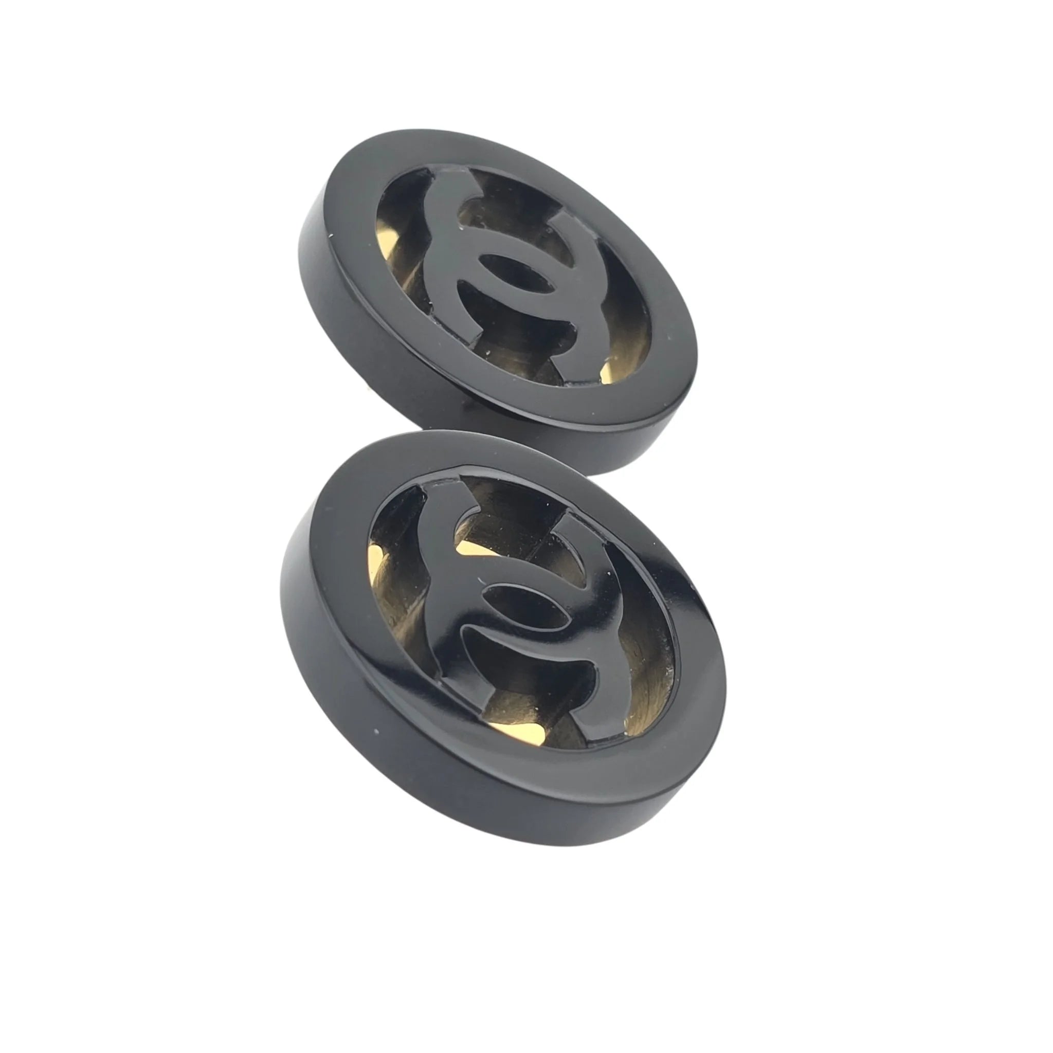 Chanel CC Resin Round Earrings Gold Black 2024 CHANEL