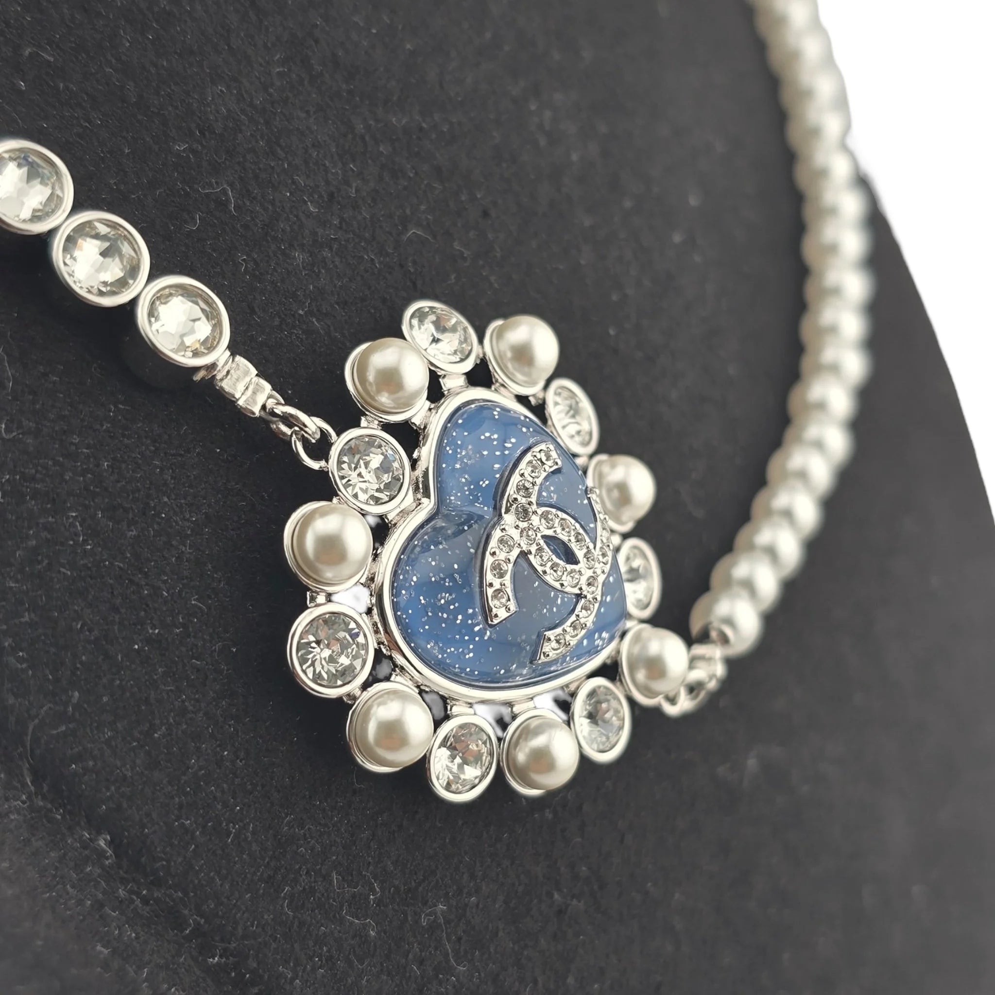 Chanel CC Long Faux Pearl Necklace Blue Heart 2025 CHANEL