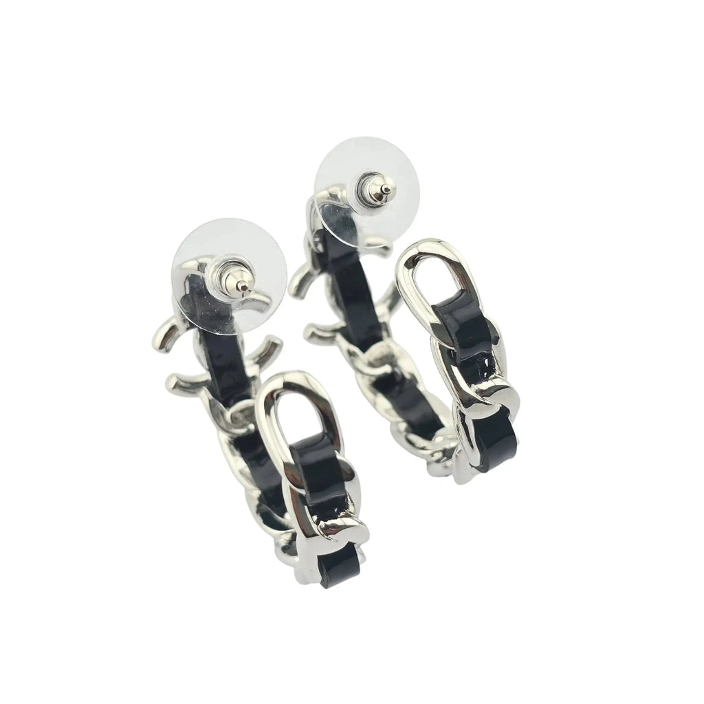 Chanel CC Leather Black Hoop Earrings 2025 CHANEL