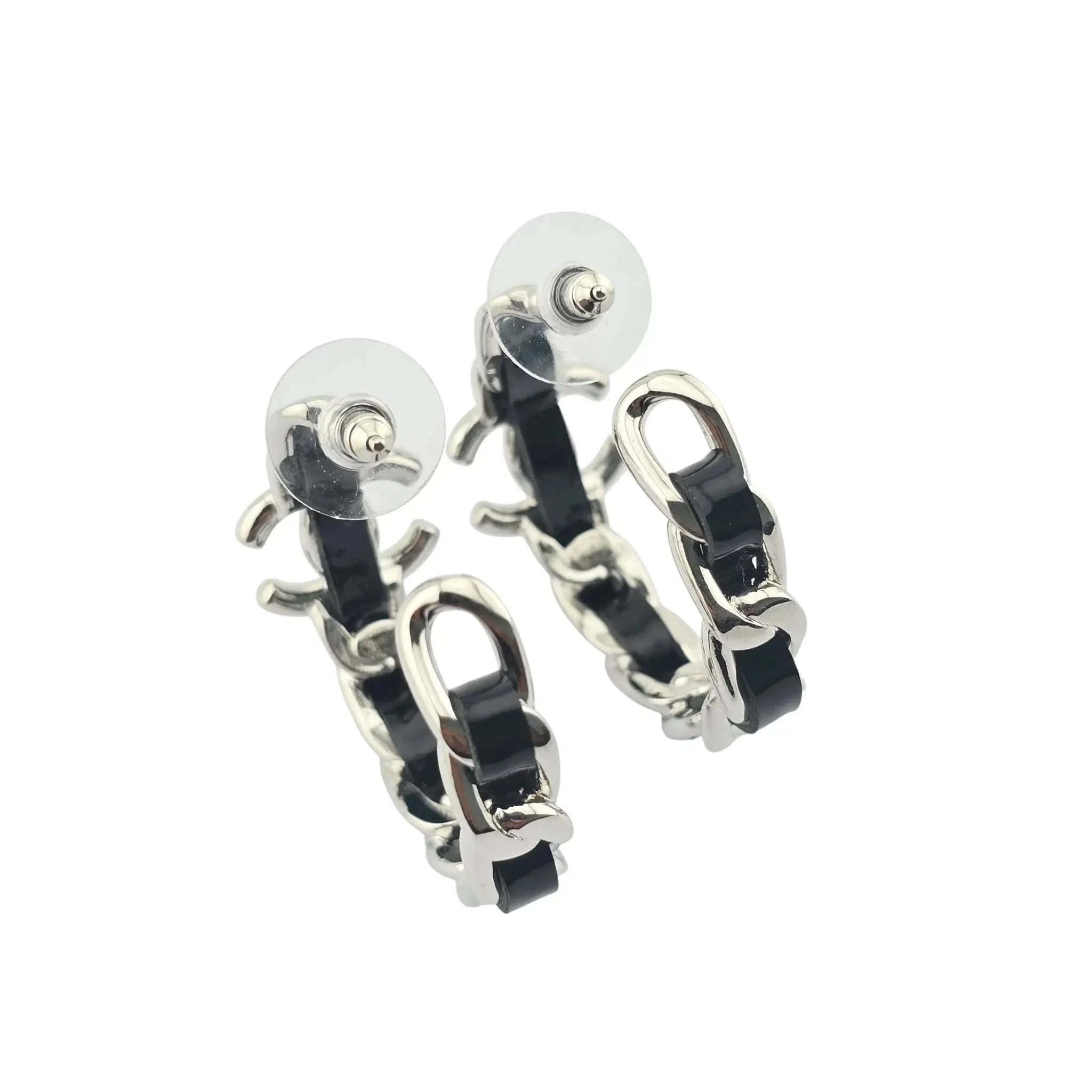 Chanel CC Leather Black Hoop Earrings 2025 CHANEL