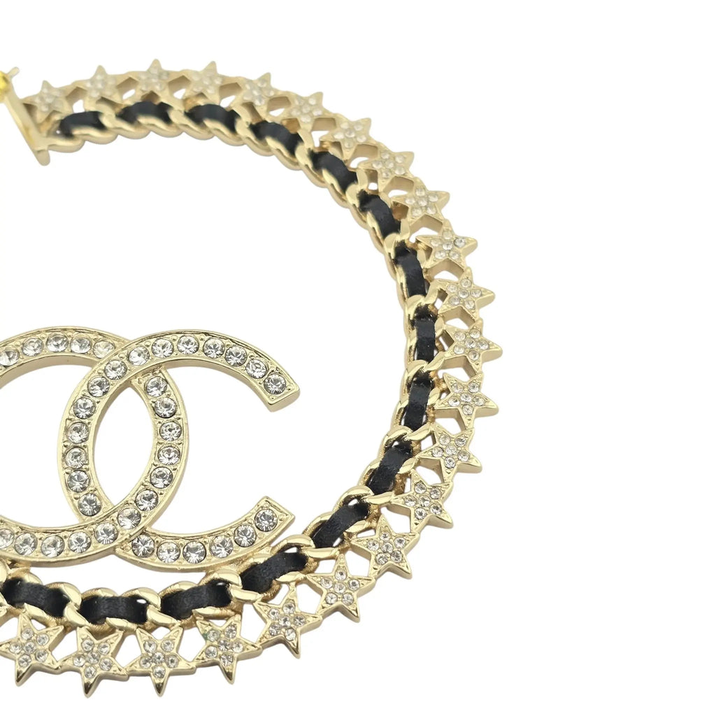 Chanel CC Large Hoop Earrings Crystal/Leather CHANEL