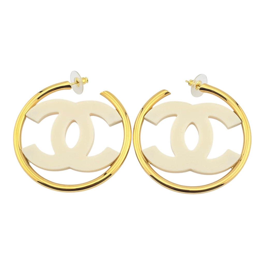 Chanel CC White/Gold Hoop Earrings B24 CHANEL