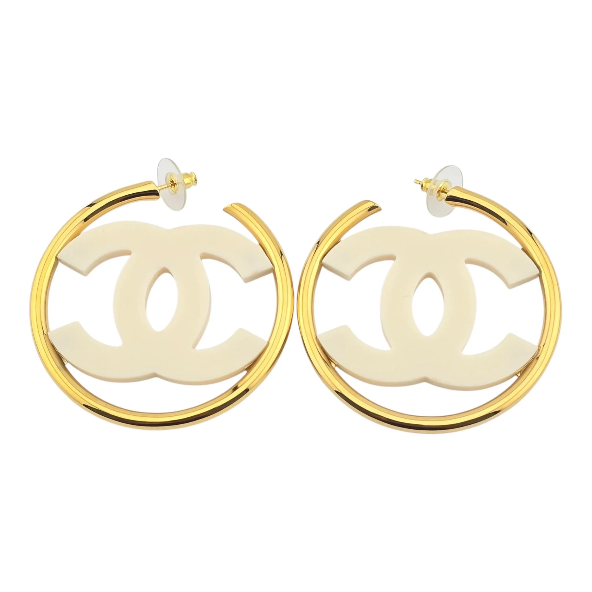 Chanel CC White/Gold Hoop Earrings B24 CHANEL