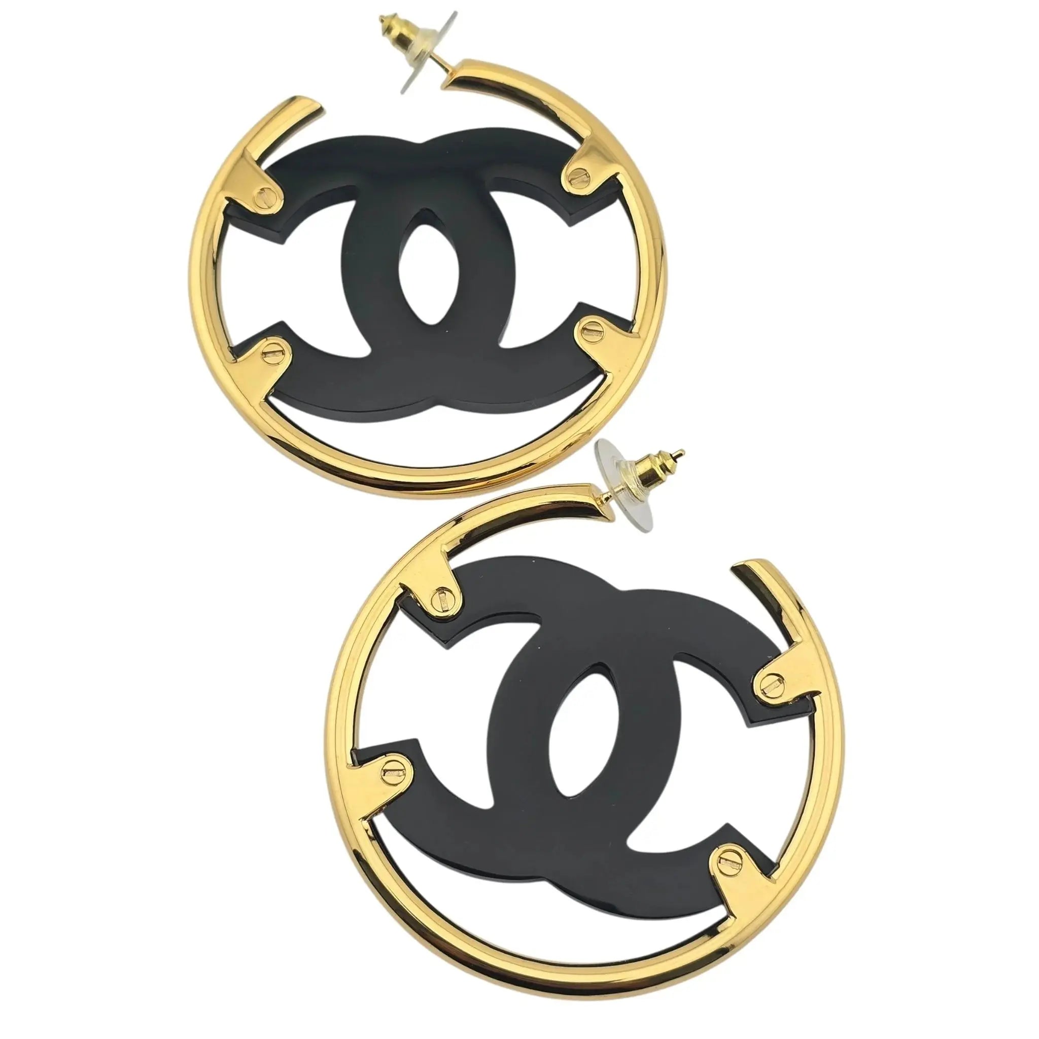 Chanel CC Black/Gold Hoop Earrings B24 CHANEL