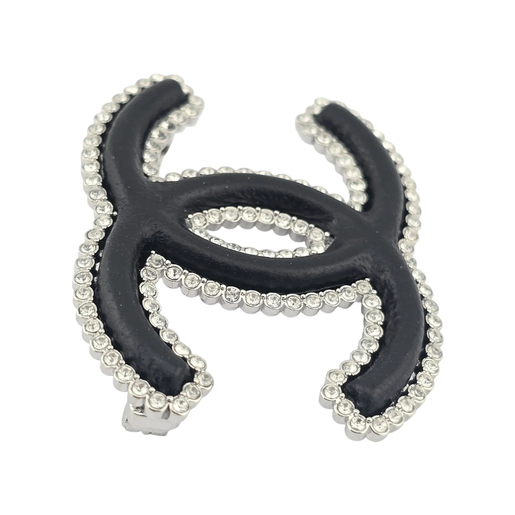 Chanel CC Crystal Leather Silver Tone Pin Brooch 2022 CHANEL