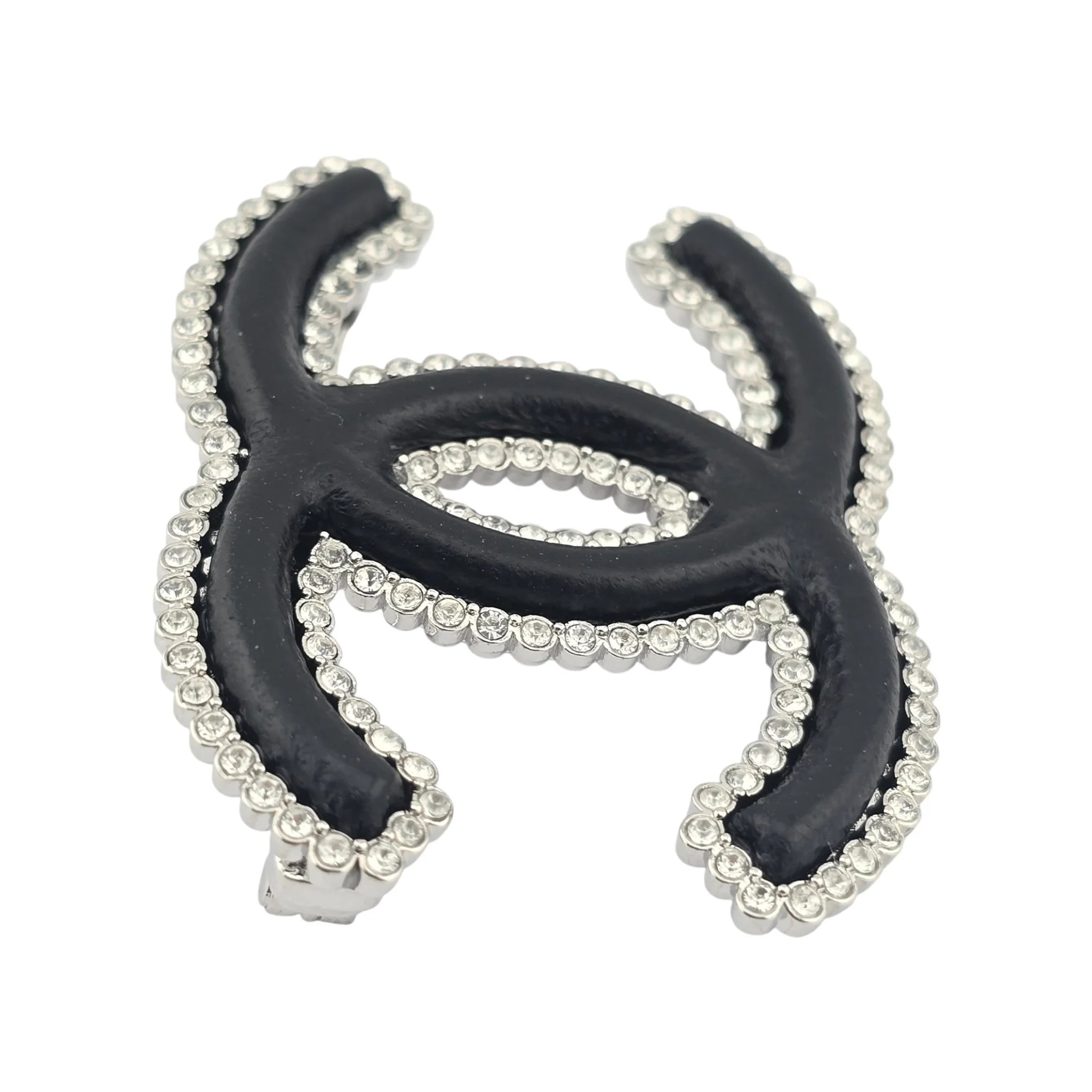Chanel CC Crystal Leather Silver Tone Pin Brooch 2022 CHANEL