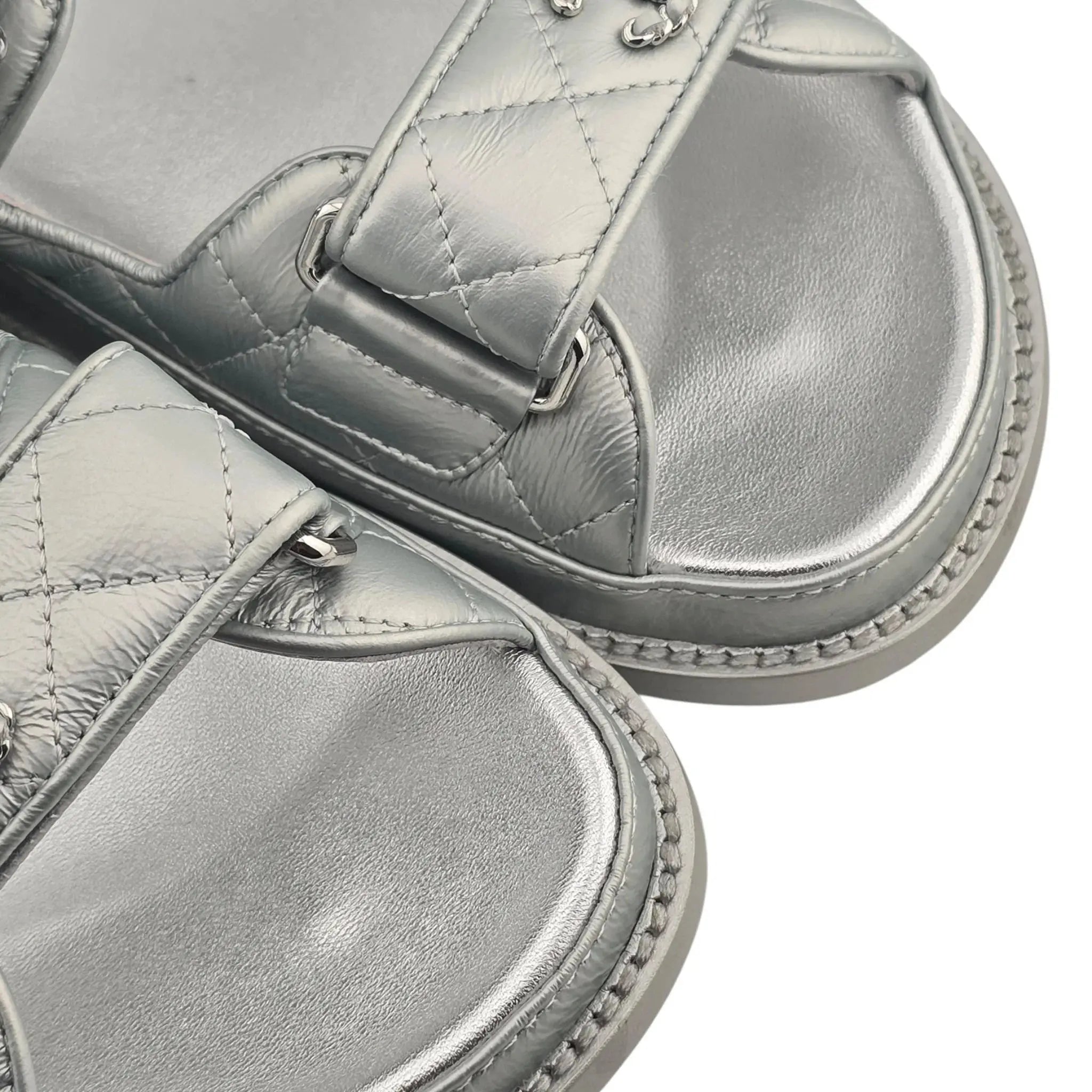 Chanel CC Silver Metallic Leather Dad Sandals CHANEL