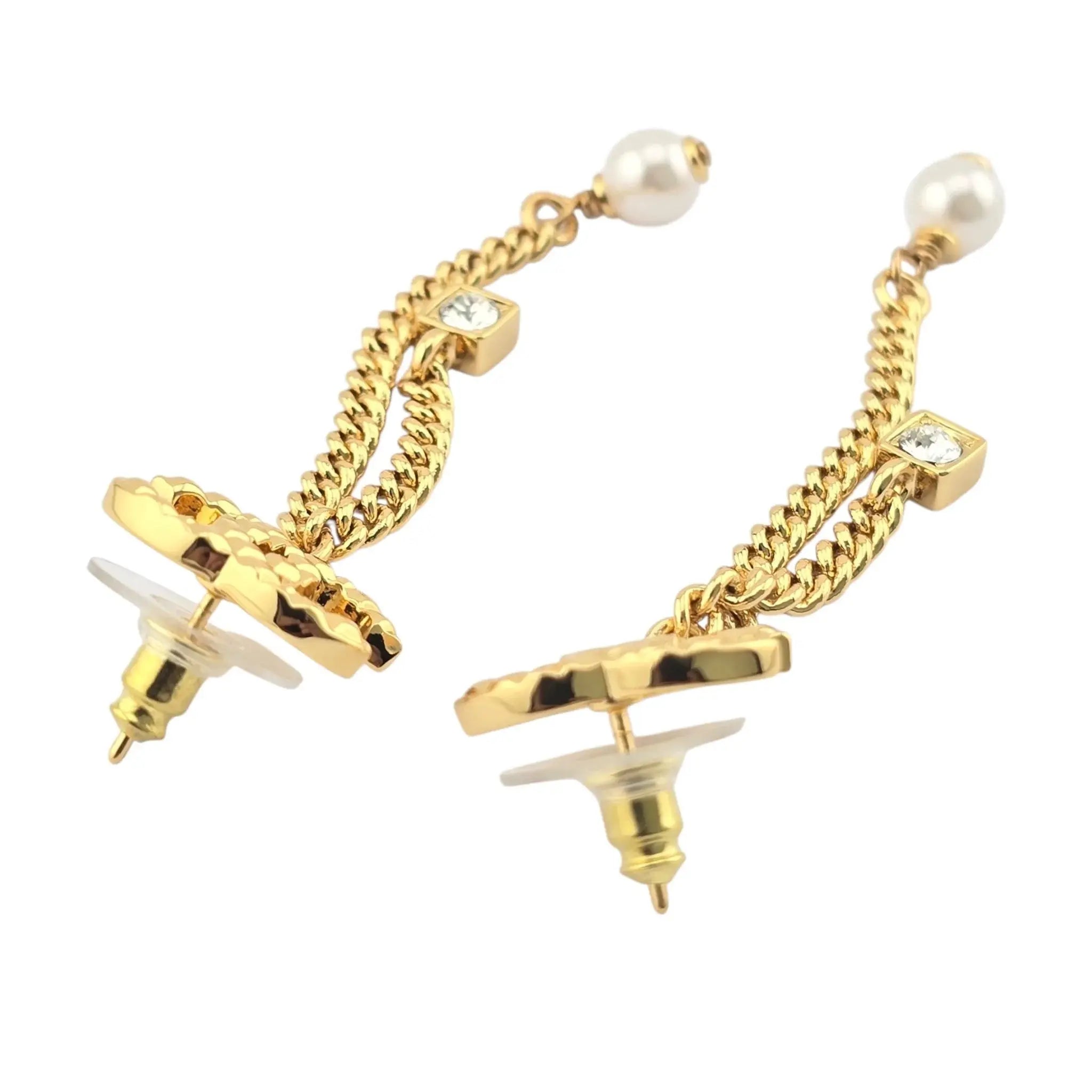 Chanel CC Crystal Pearl Quilted Chain Drop Earrings Gold CHANEL