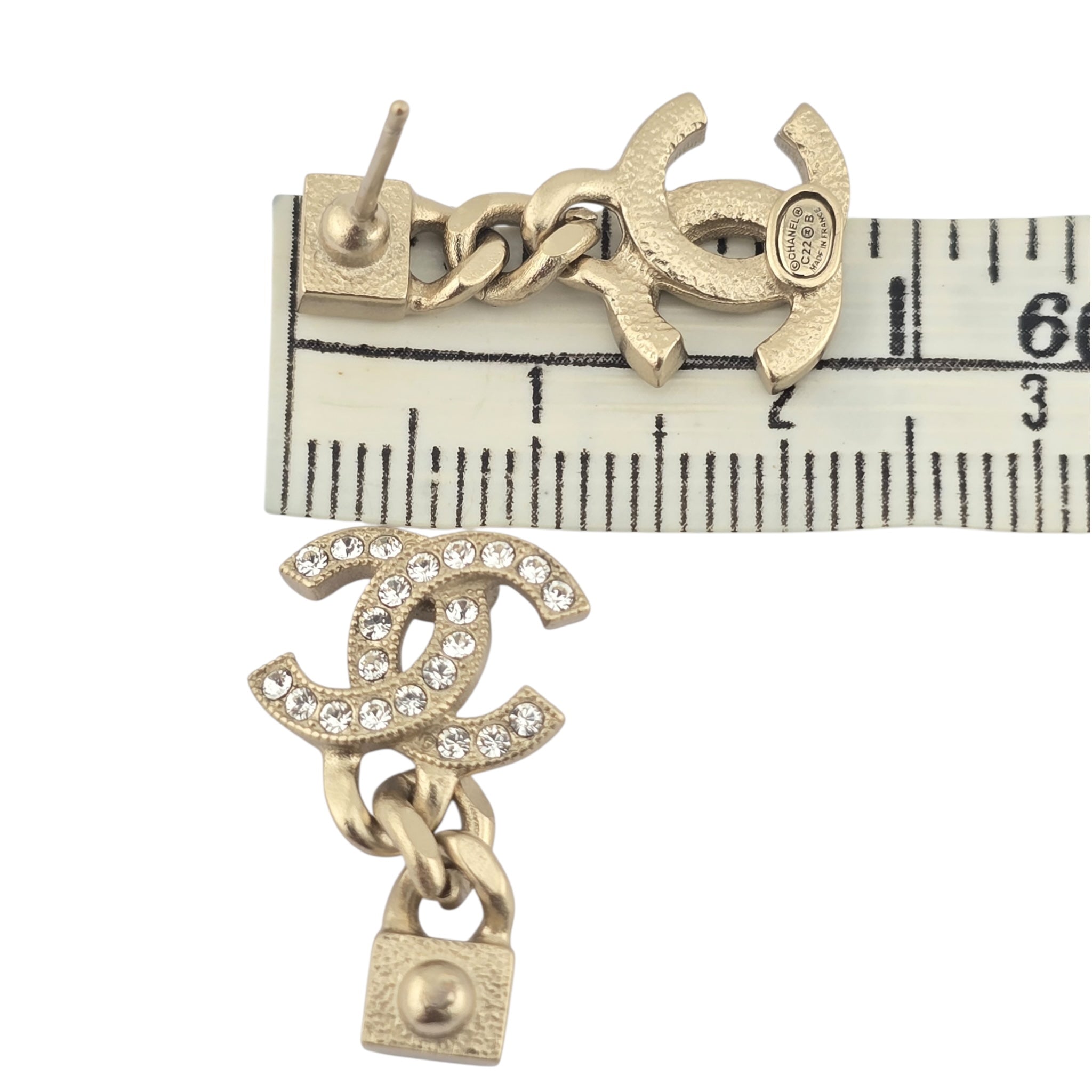 Chanel CC Metal Crystal Baguette Chain Drop Earrings Gold CHANEL