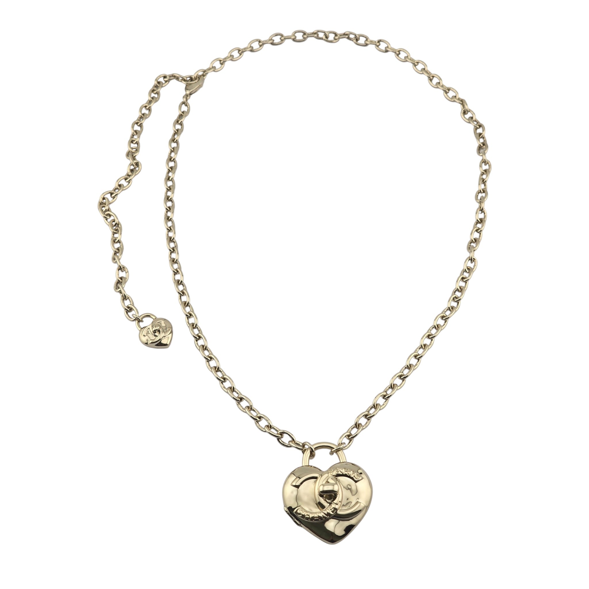 Chanel CC Metal Turnlock Heart Locket Necklace Gold CHANEL