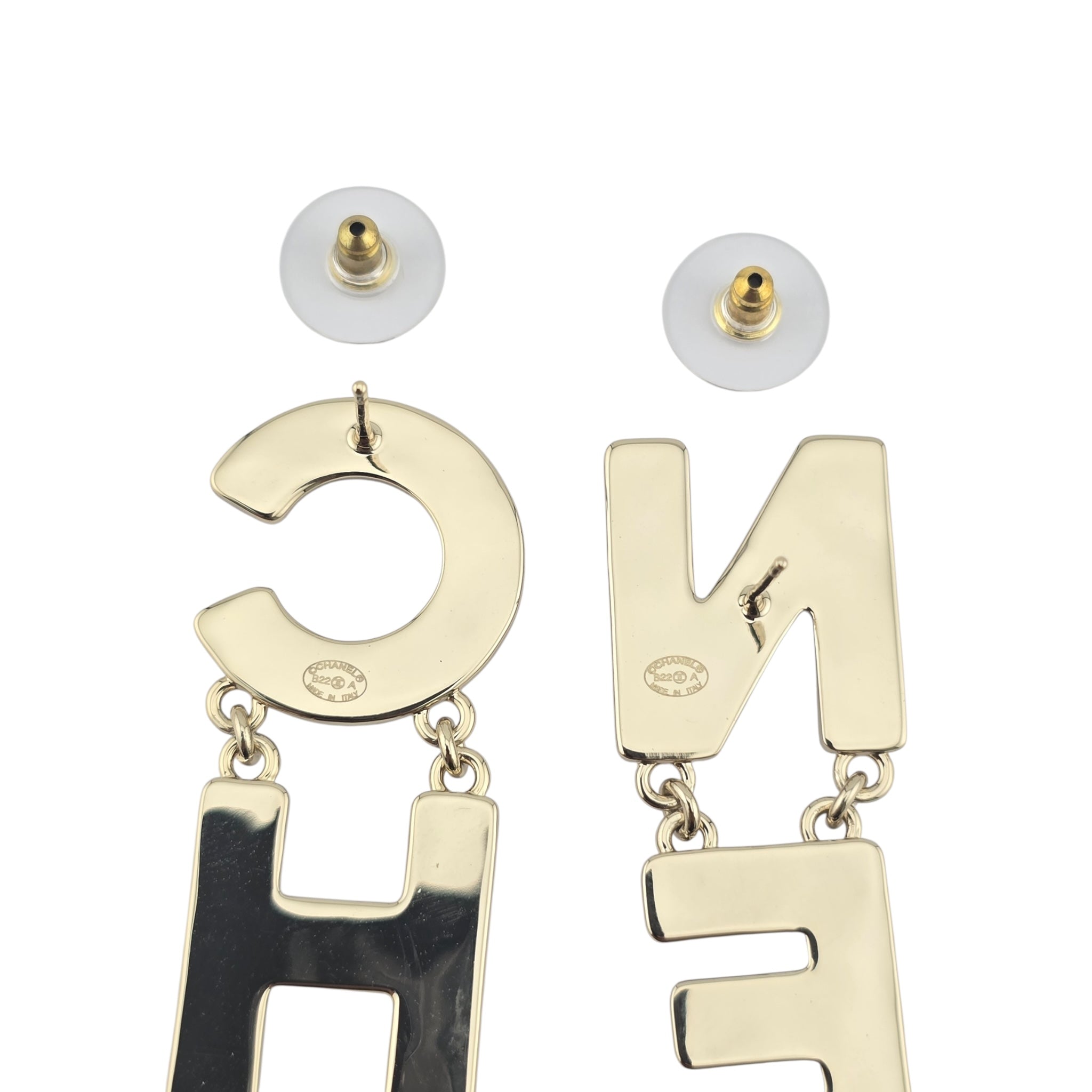 Chanel Metal Enamel Cha-Nel Logo Drop Earrings Black White CHANEL