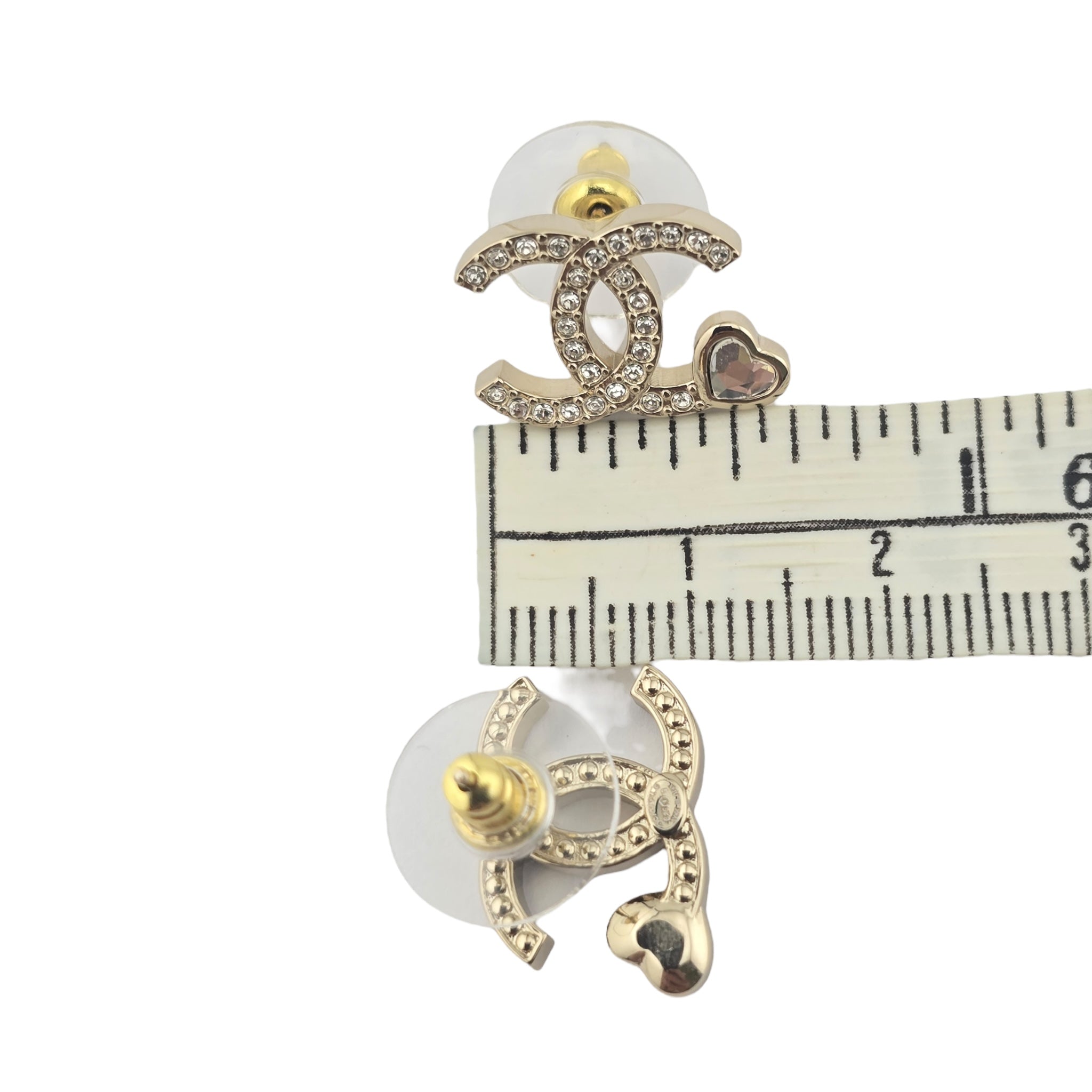Chanel CC Gold Crystal Heart Stud Earrings 2025