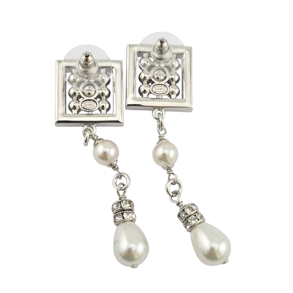Chanel CC Silver Faux Pearl Drop Earrings 2024