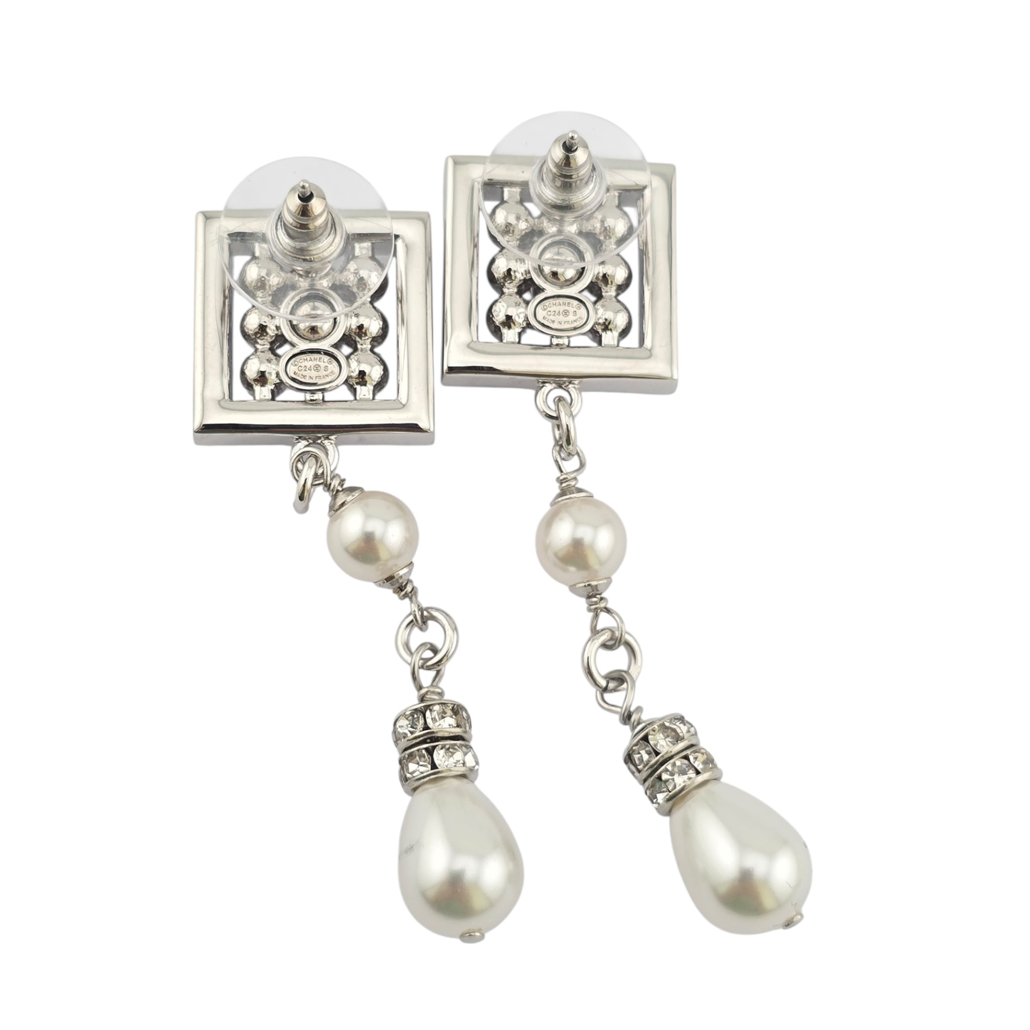 Chanel CC Silver Faux Pearl Drop Earrings 2024