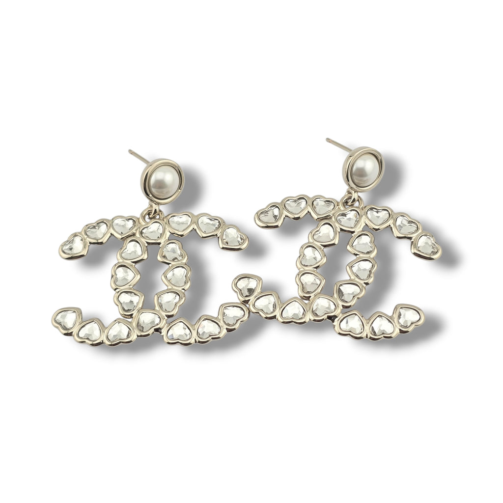 Chanel CC Pearl Crystal Heart Drop Earrings Gold 2025