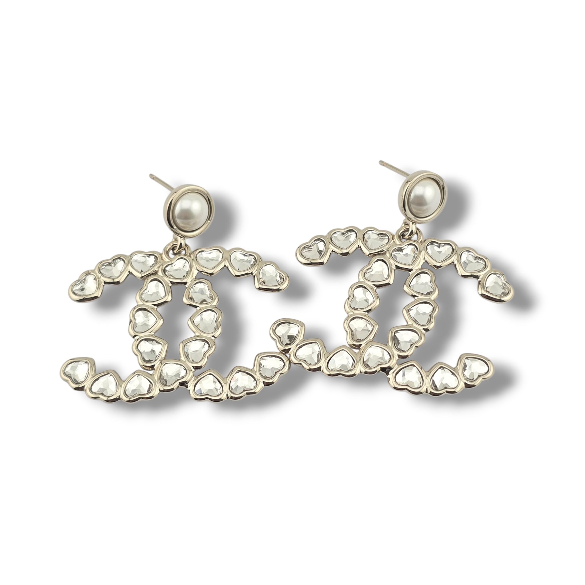Chanel CC Pearl Crystal Heart Drop Earrings Gold 2025
