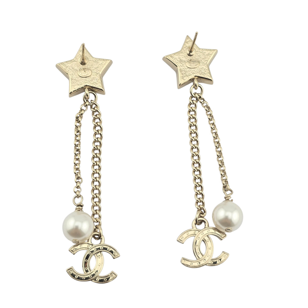 Chanel Crystal Pearl CC Star Drop Earrings Gold 2025