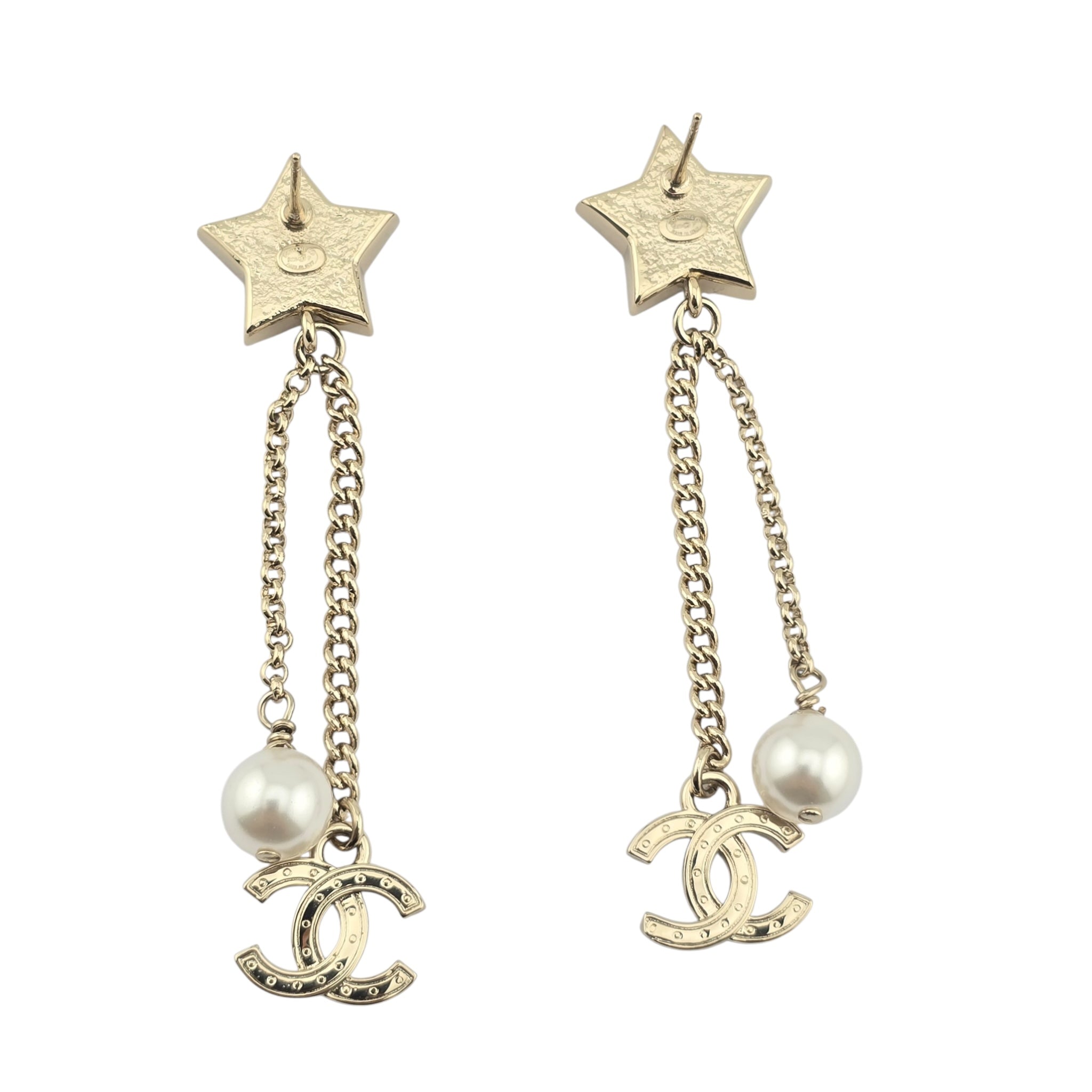 Chanel Crystal Pearl CC Star Drop Earrings Gold 2025