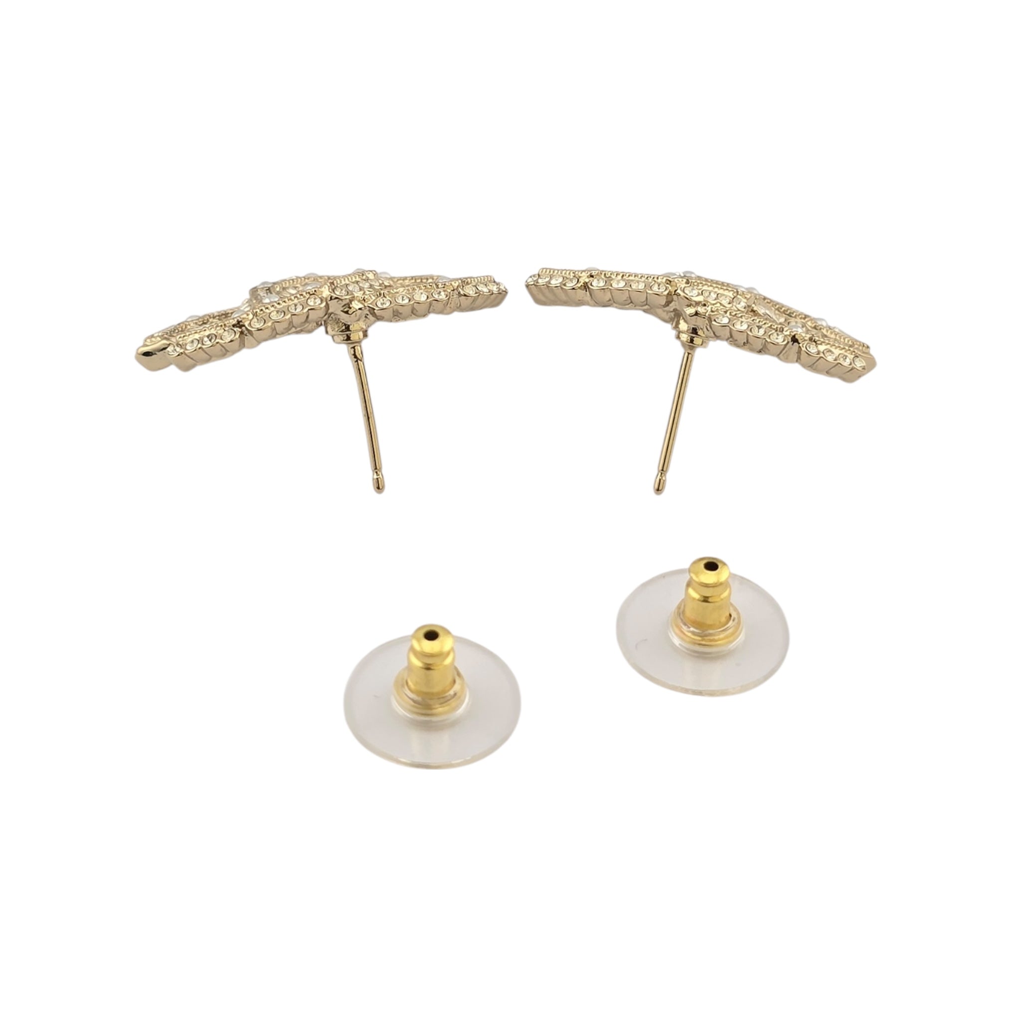 Crystal Baguette Pearl CC Earrings Gold Pearly White