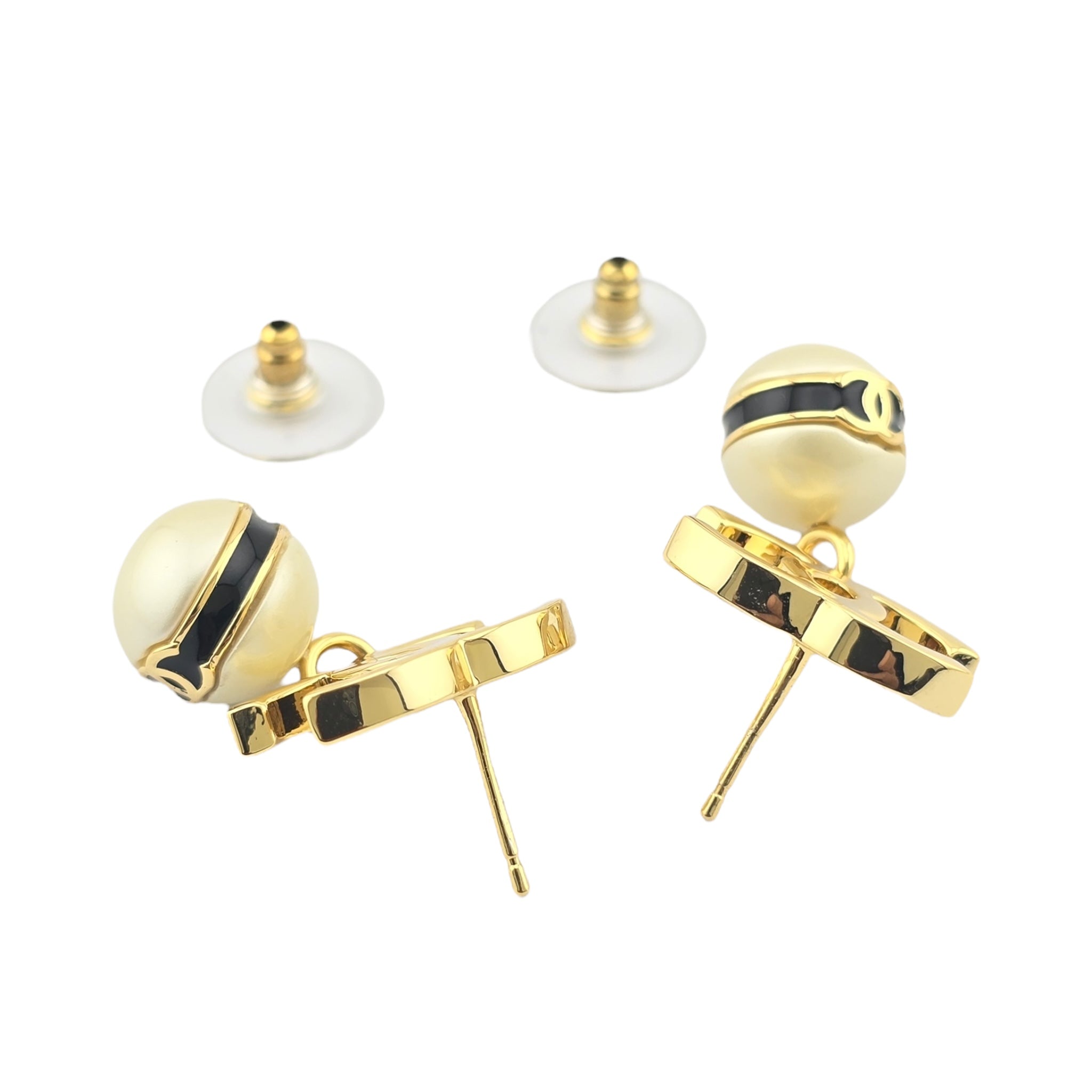 Chanel CC Pearl Drop Earrings Gold Black 2024