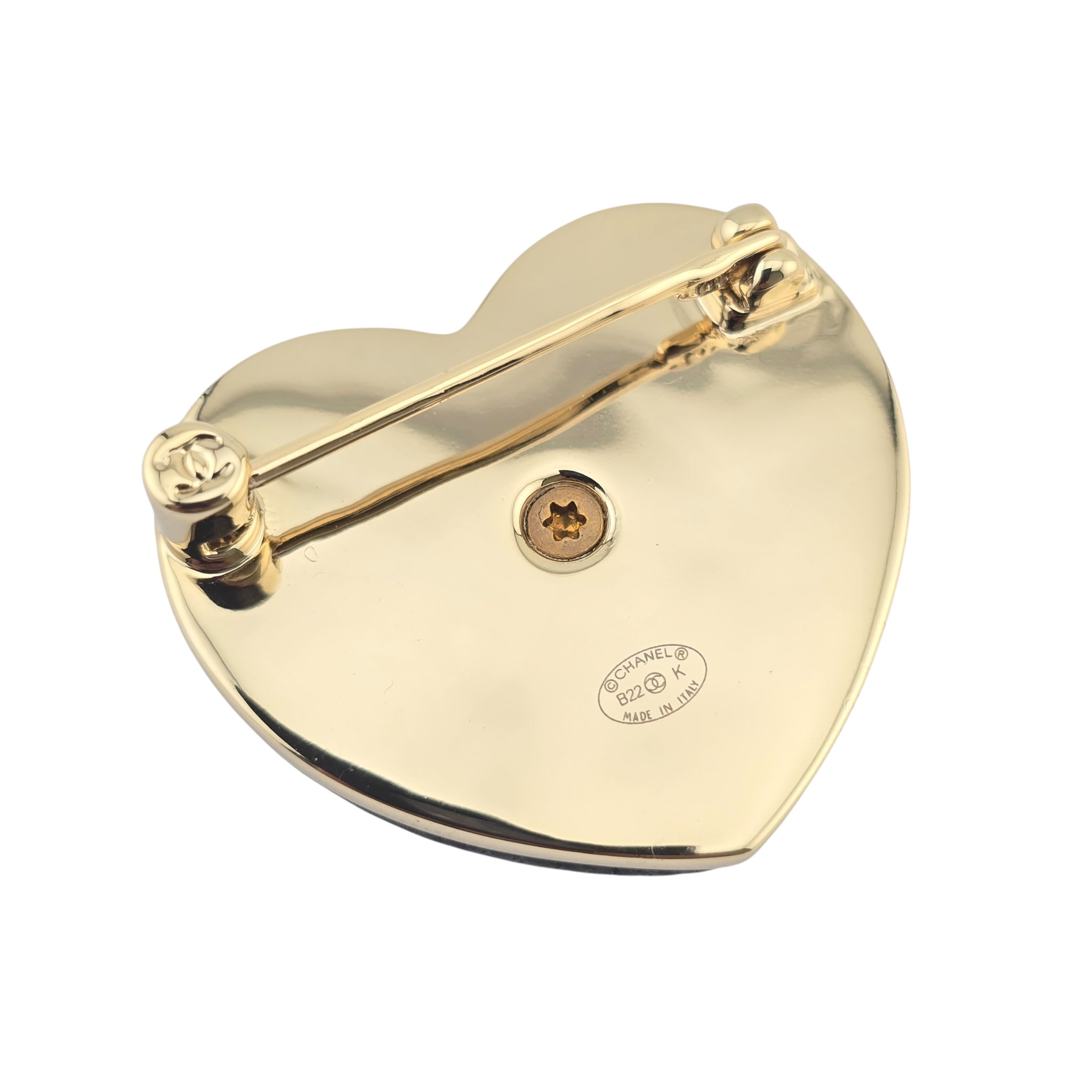 Chanel Lambskin CC Heart Brooch Black Gold B22