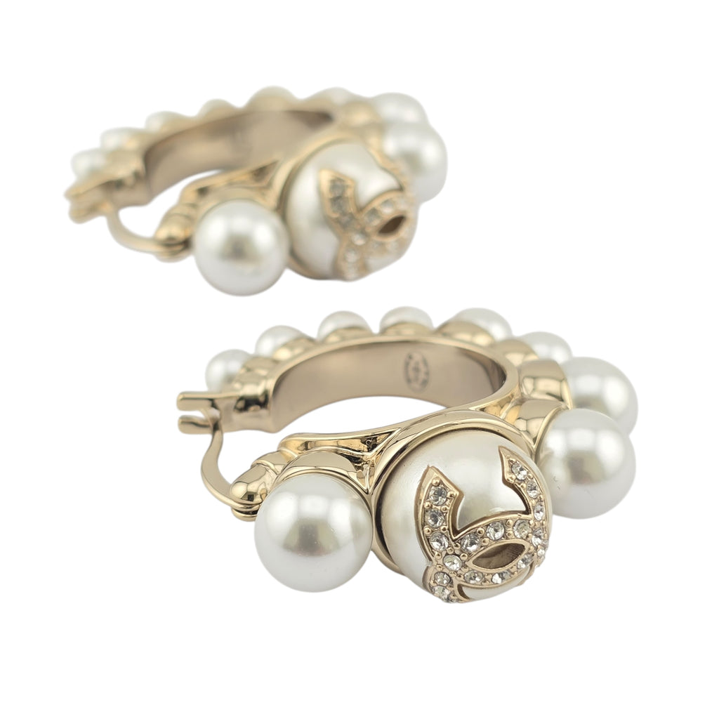 Chanel CC Gold Faux Pearl Hoop Earrings