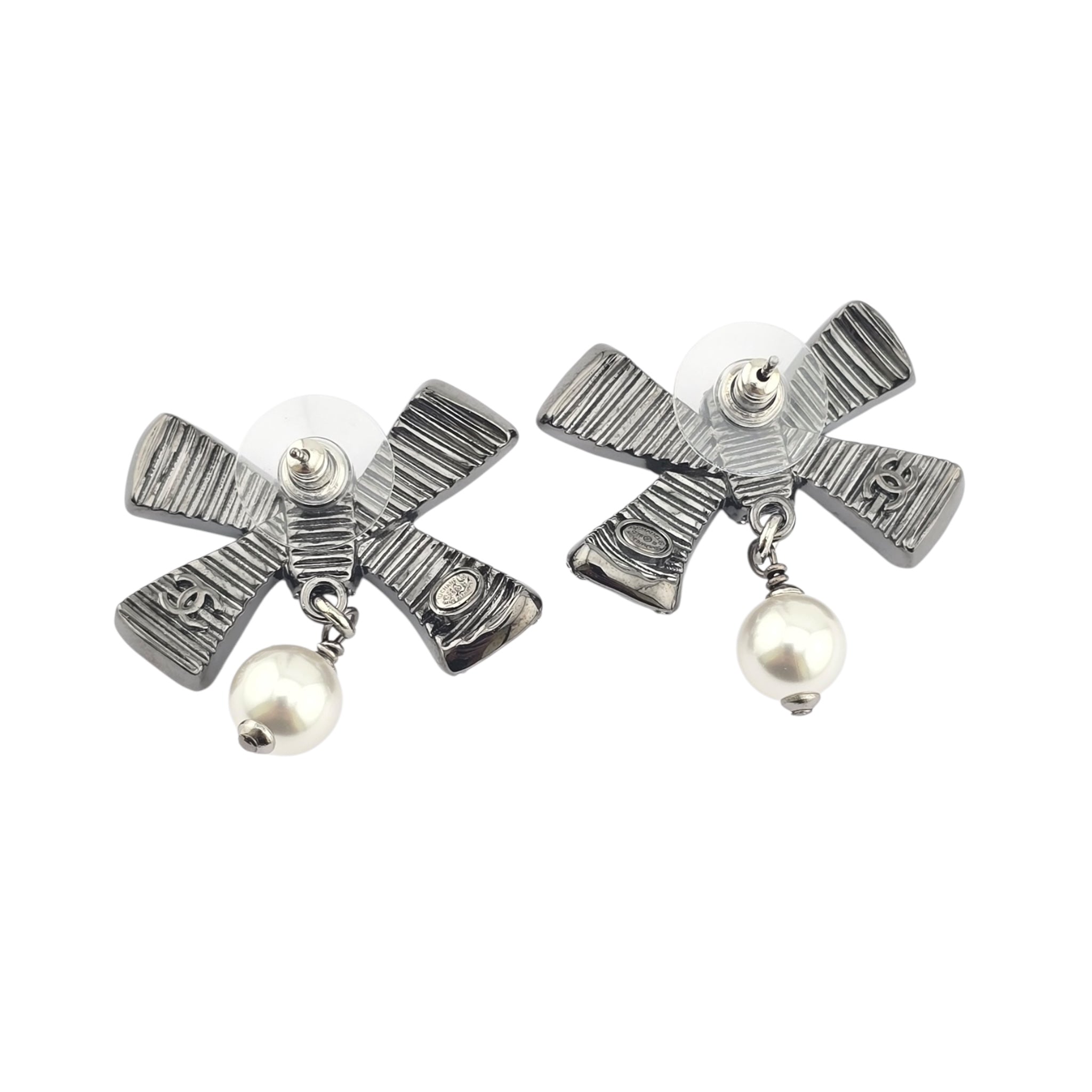 Chanel CC Silver Crystal Enamel Bow Earrings 2025