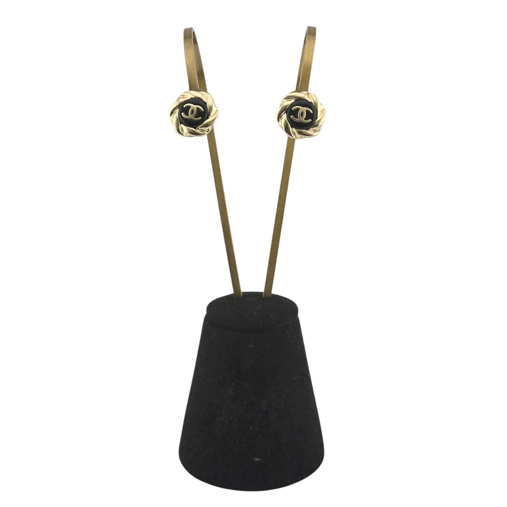 Chanel CC Resin Round Earrings Gold Black A22 CHANEL