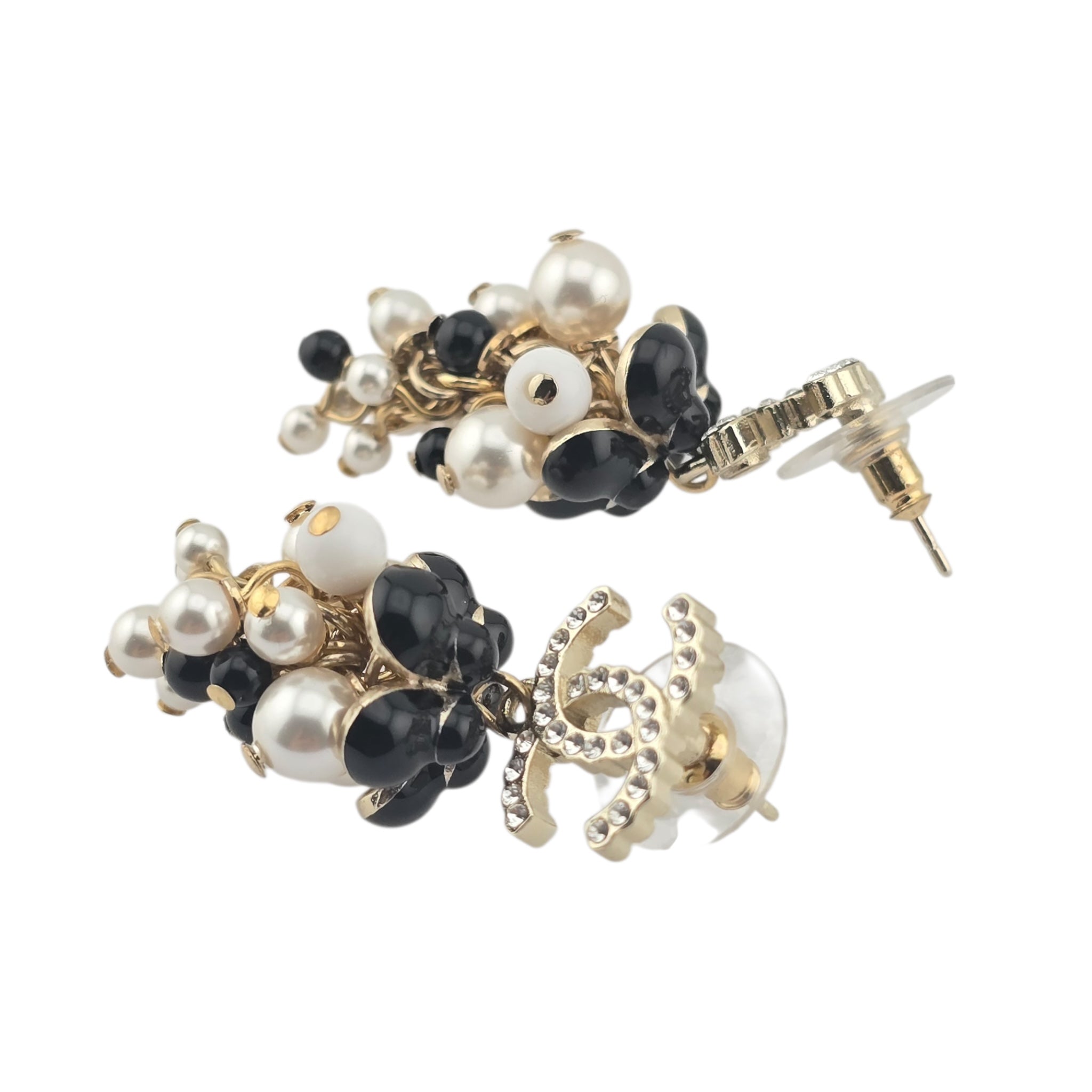 Chanel CC Faux Pearl White Black Gold Earrings CHANEL