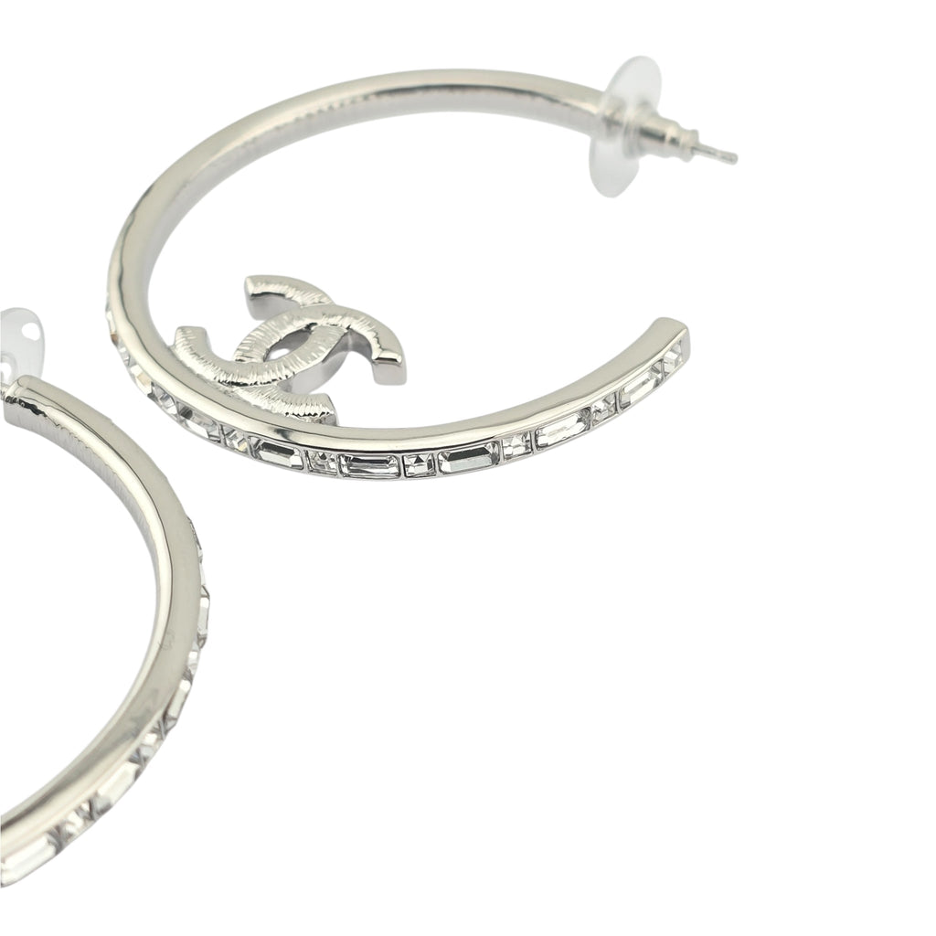 Chanel CC Metal Crystal Baguette Large Hoop Earrings Silver 2022 CHANEL