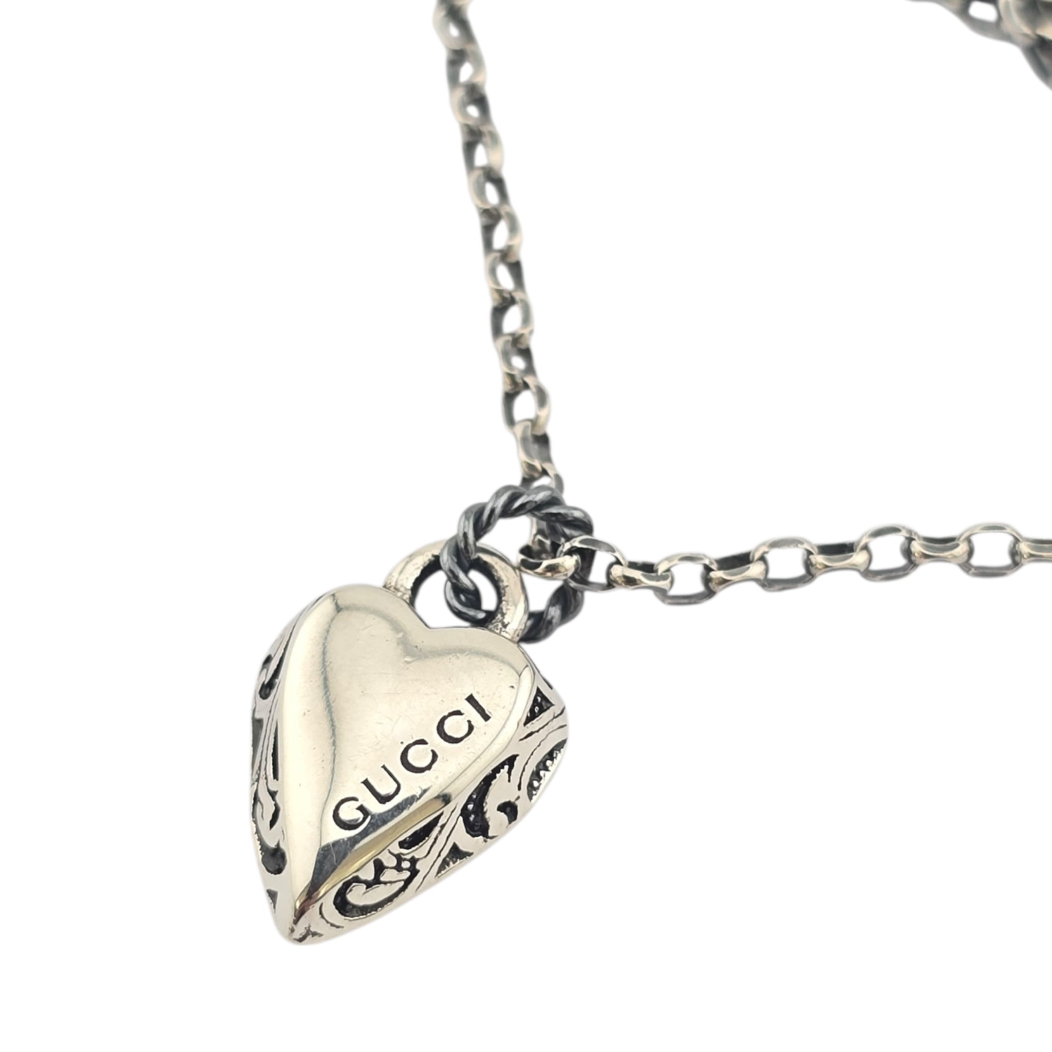 GUCCI GG Engraved Heart Charm Sterling Silver Bracelet GUCCI