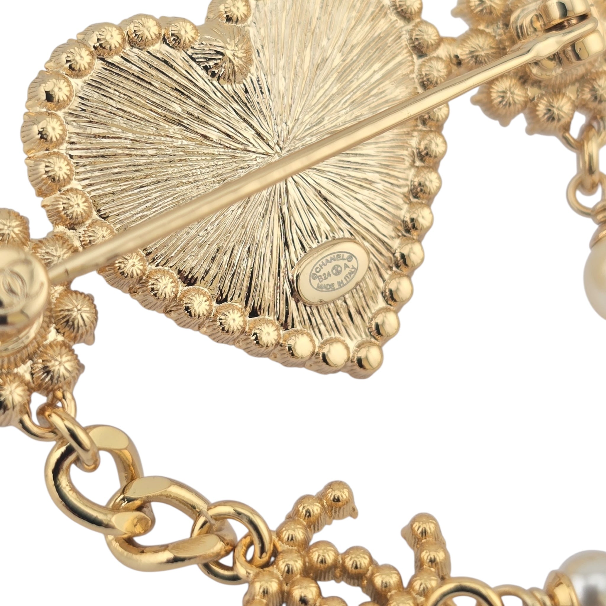 Chanel CC Gold Heart Crystal Faux Pearl Brooch 2024 CHANEL