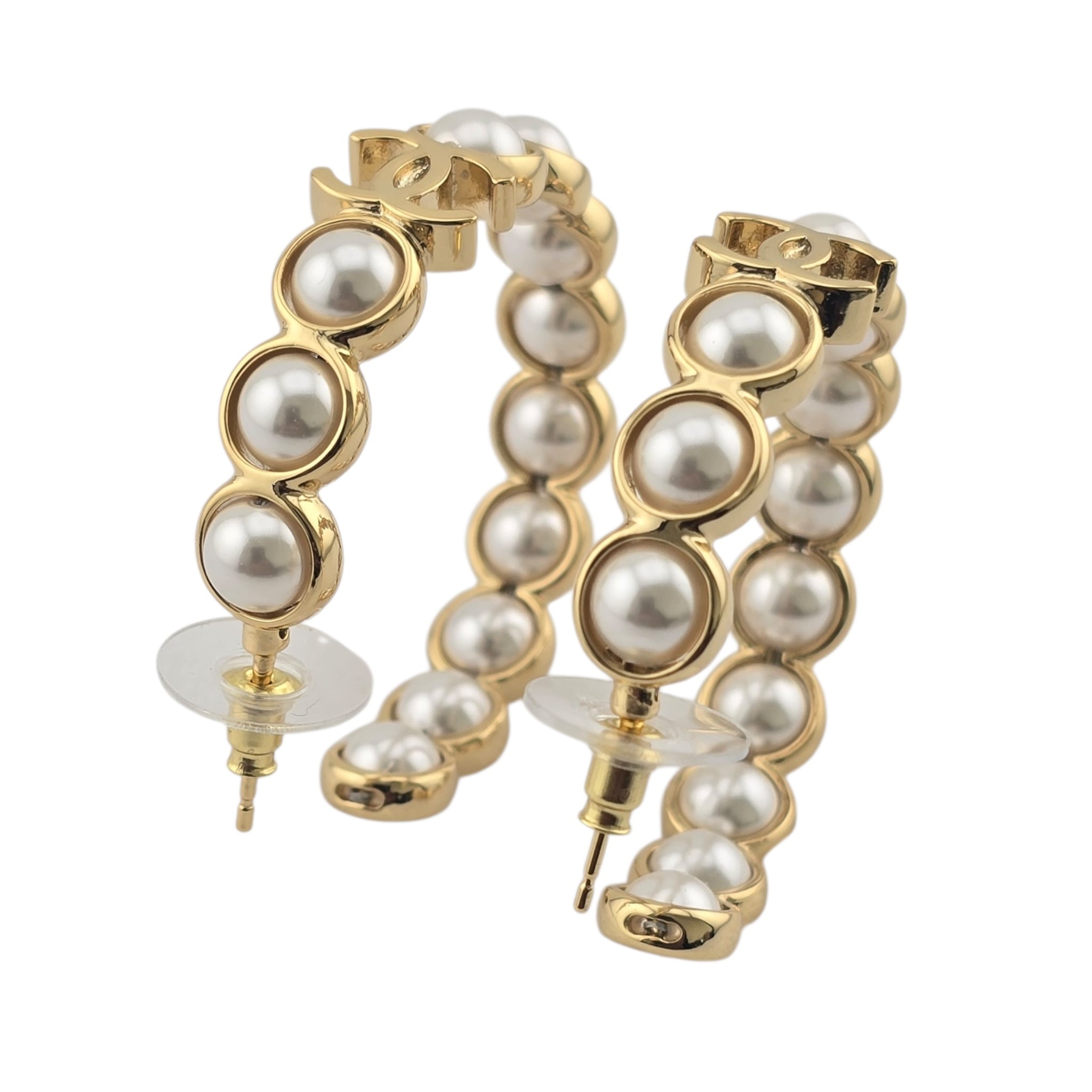 Chanel CC Faux Pearl Gold Hoop Earrings 2024 CHANEL
