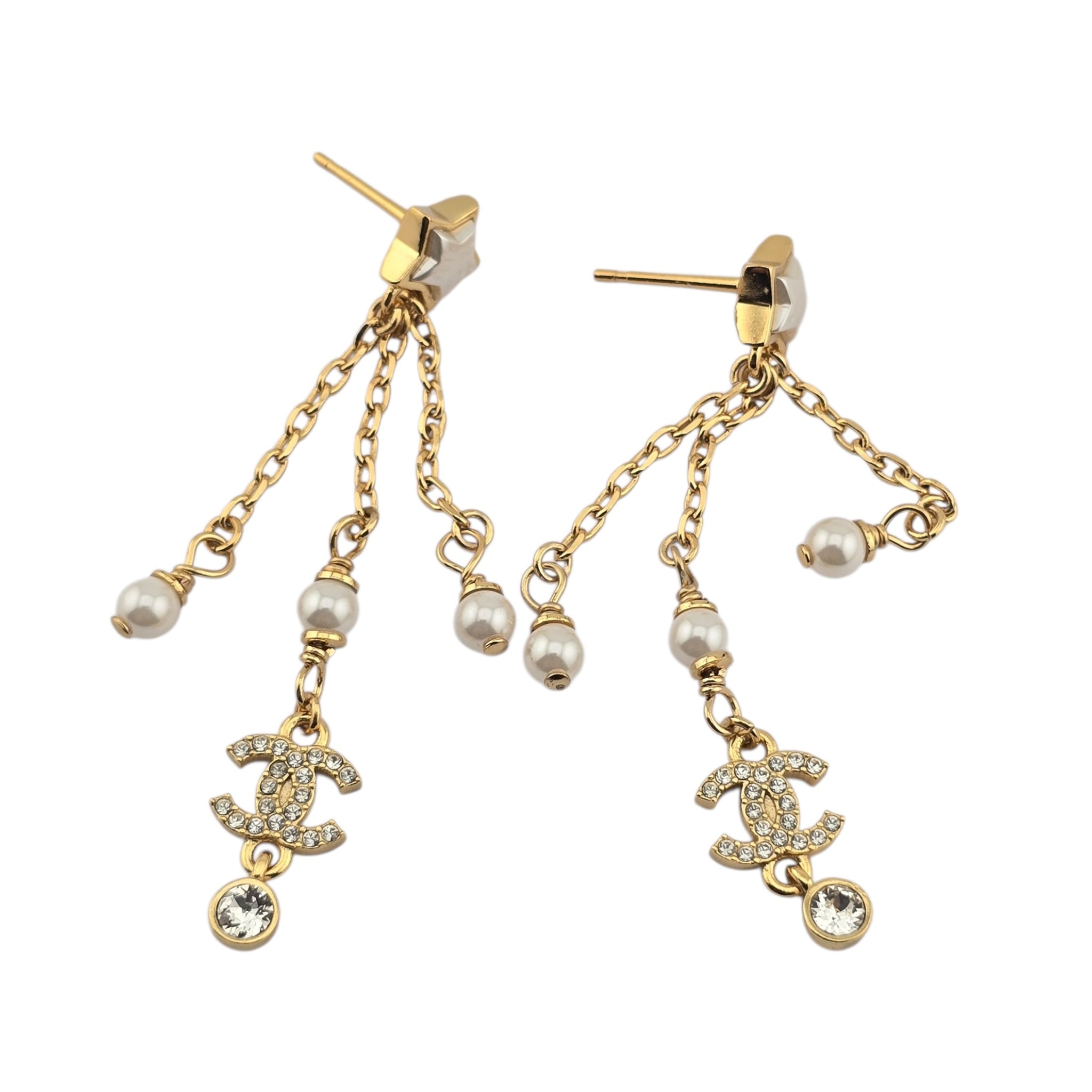 Chanel CC Faux Pearl Star Dangle Gold Earrings 2024