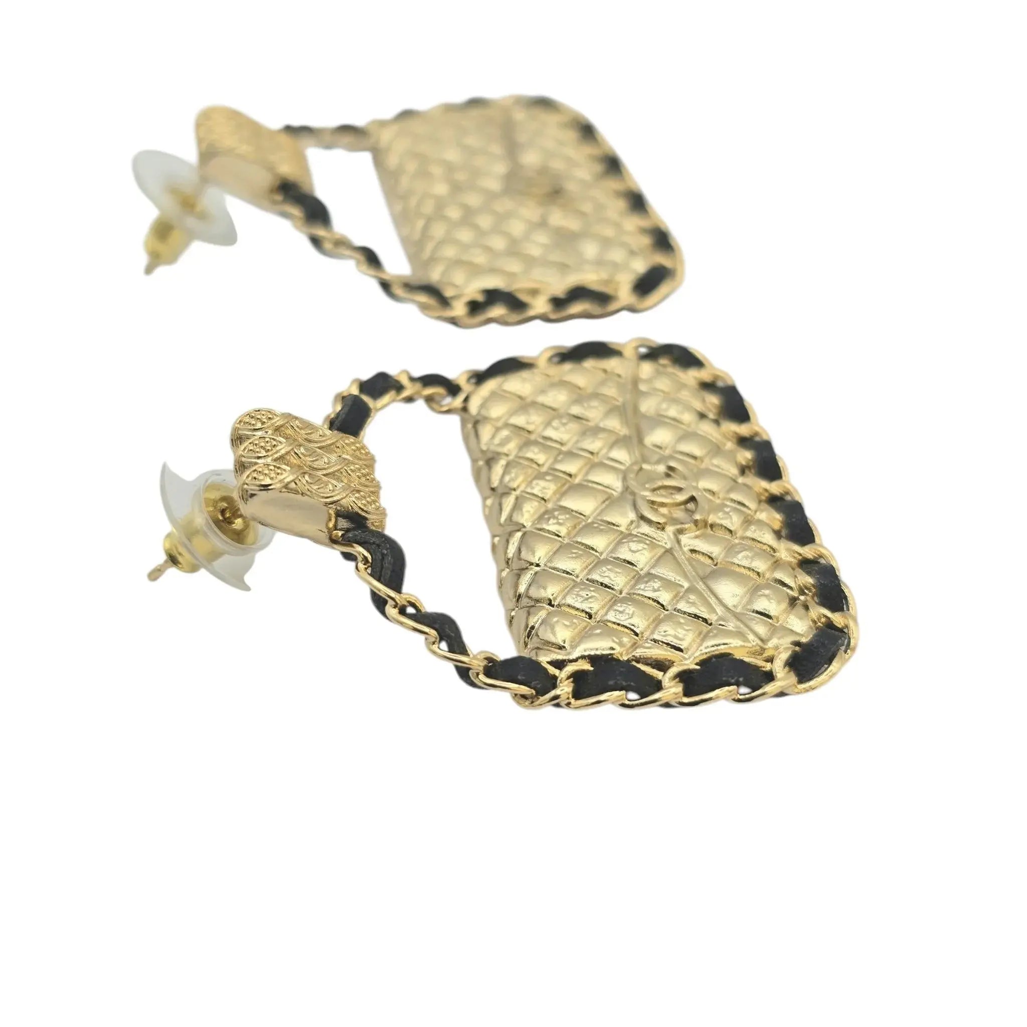 Chanel CC Gold Matelasse Leather Earrings B23 CHANEL