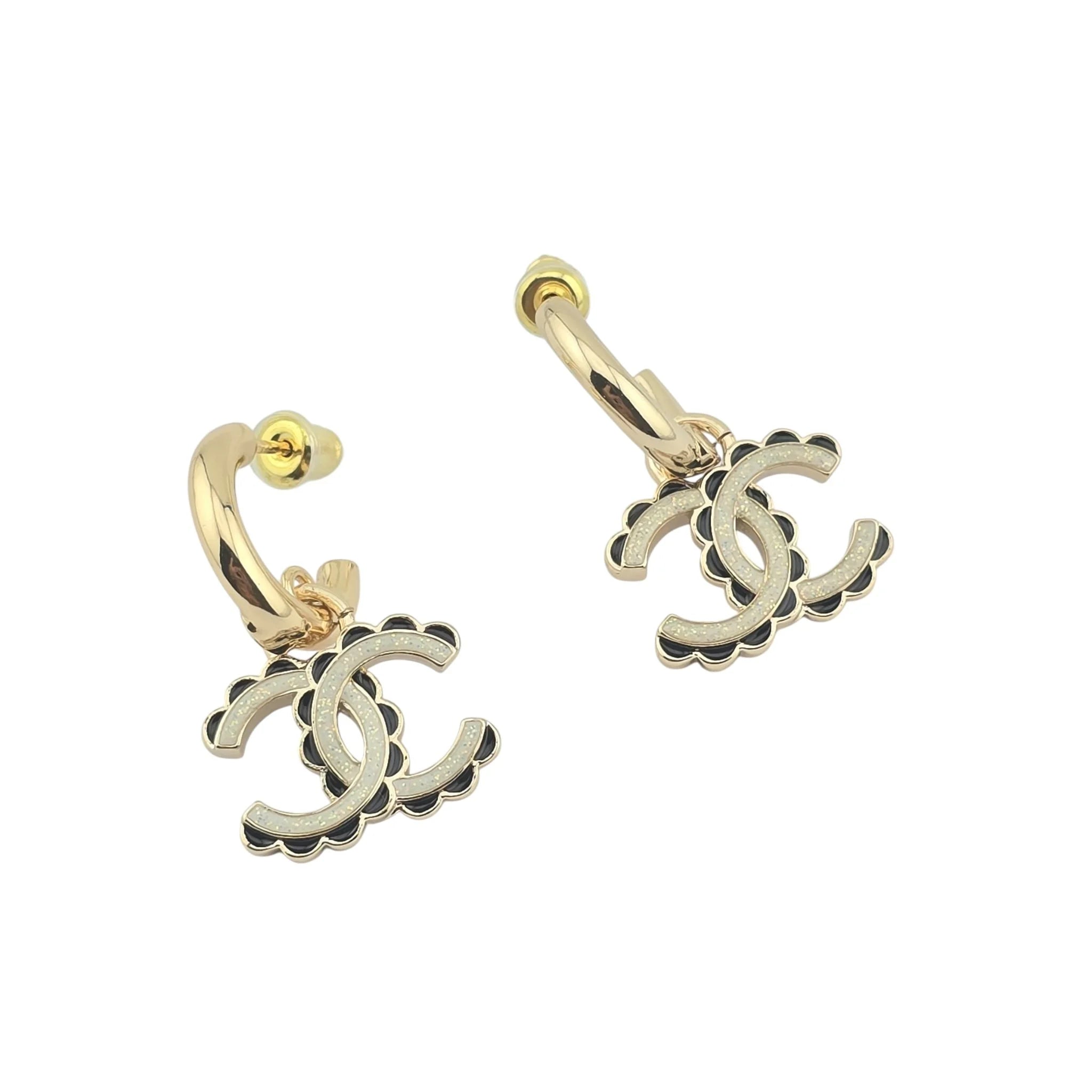 Chanel CC Black/White Enamel Hoop C24 Earrings CHANEL