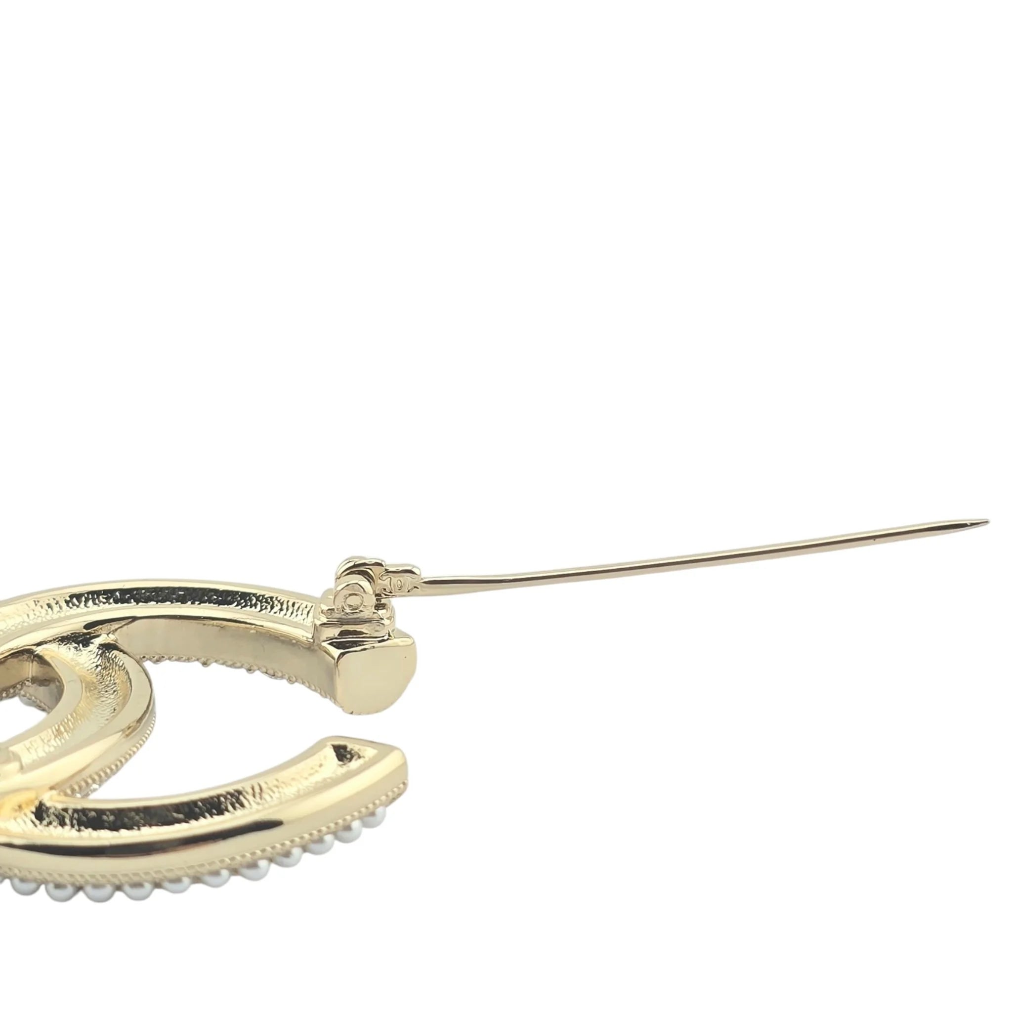 Chanel CC Gold Crystals Faux Pearl Brooch 2022 CHANEL